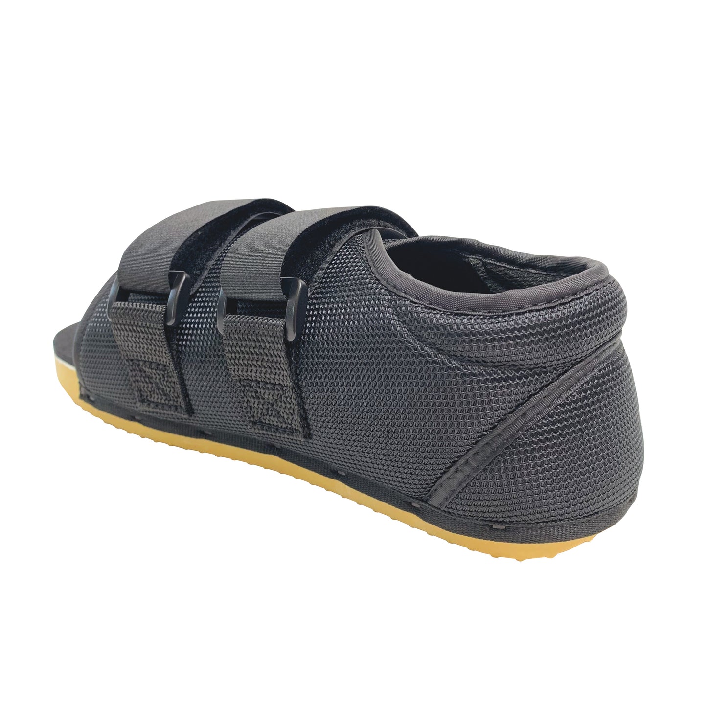 A black Canvas Post-Op Shoe with three adjustable straps and a rubber sole, designed for post-surgical foot support.