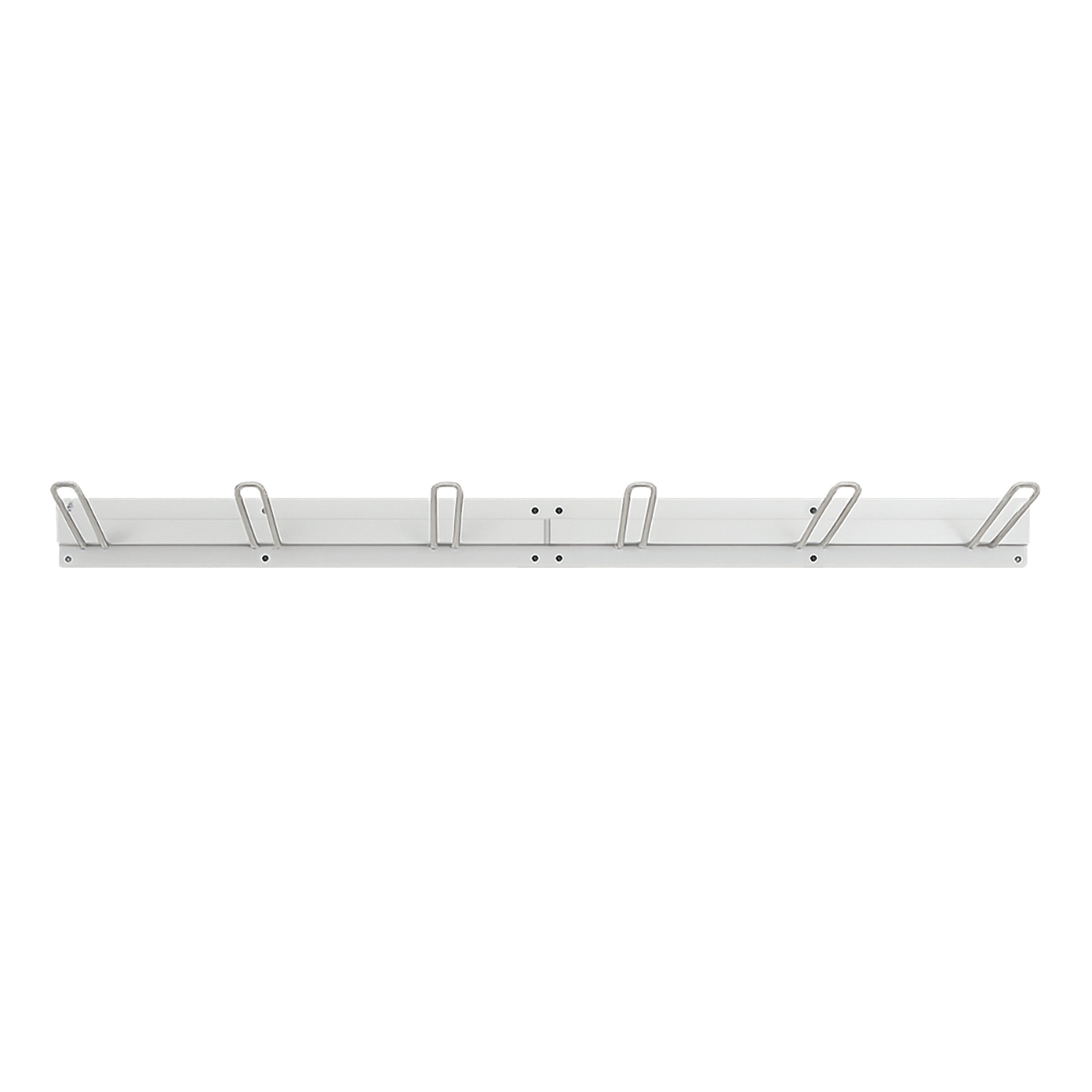 A long, metal wall-mounted storage rack with five evenly spaced metal hooks for hanging items.