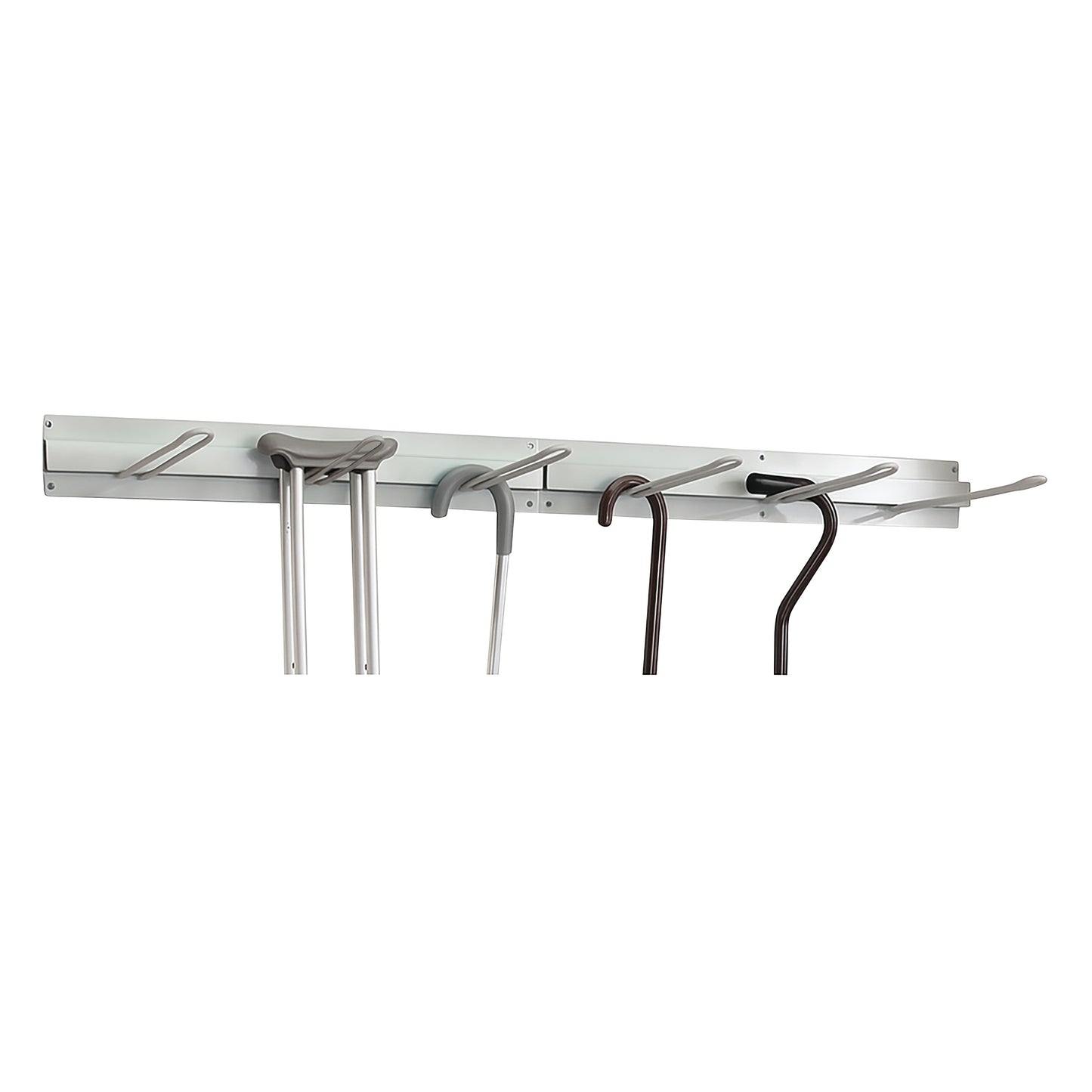 A long, metal wall-mounted storage rack with crutches and canes hung on metal hooks.