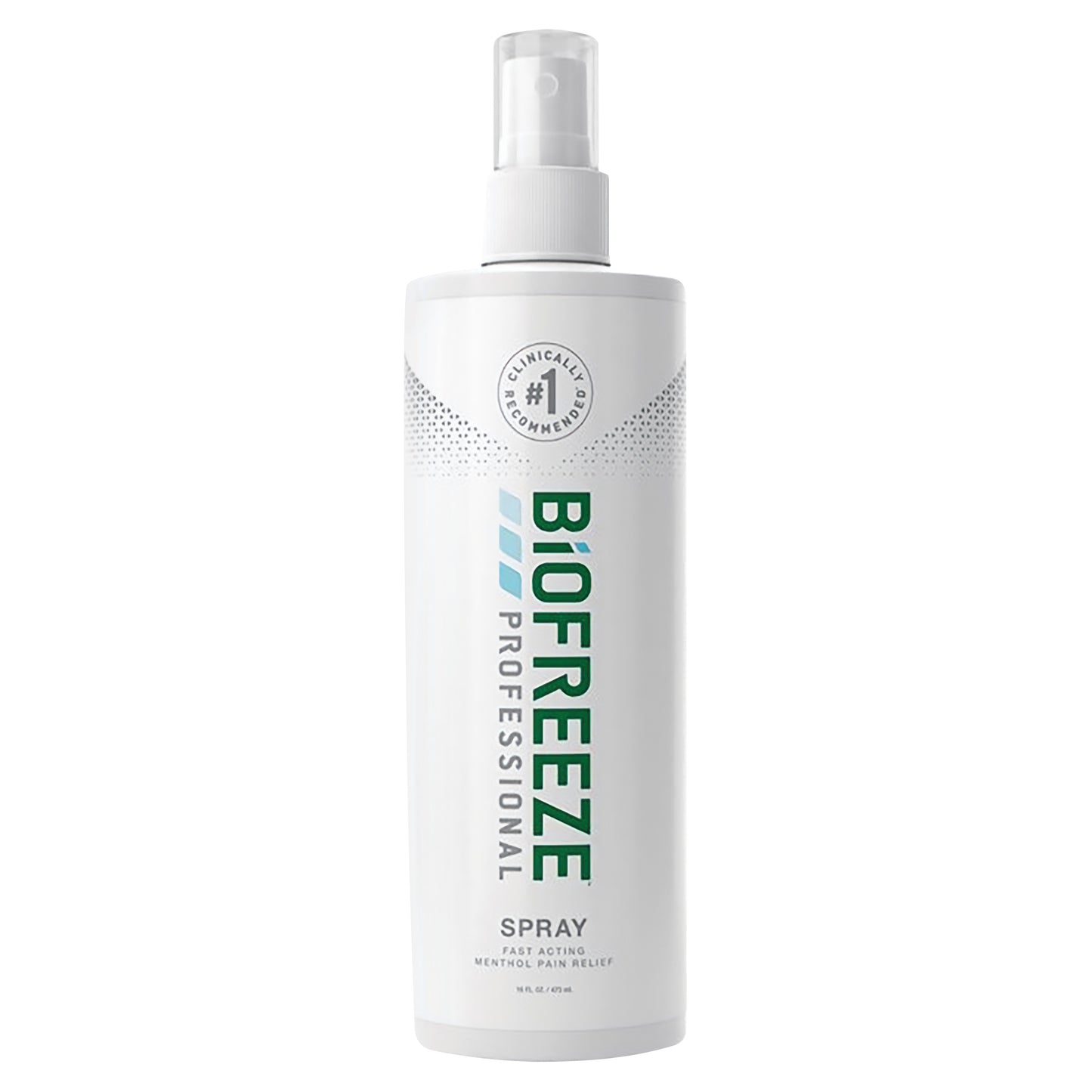 BIOFREEZE Professional Pain Relief Spray bottle with a pump, labeled for fast-acting menthol pain relief, clinically recommended.