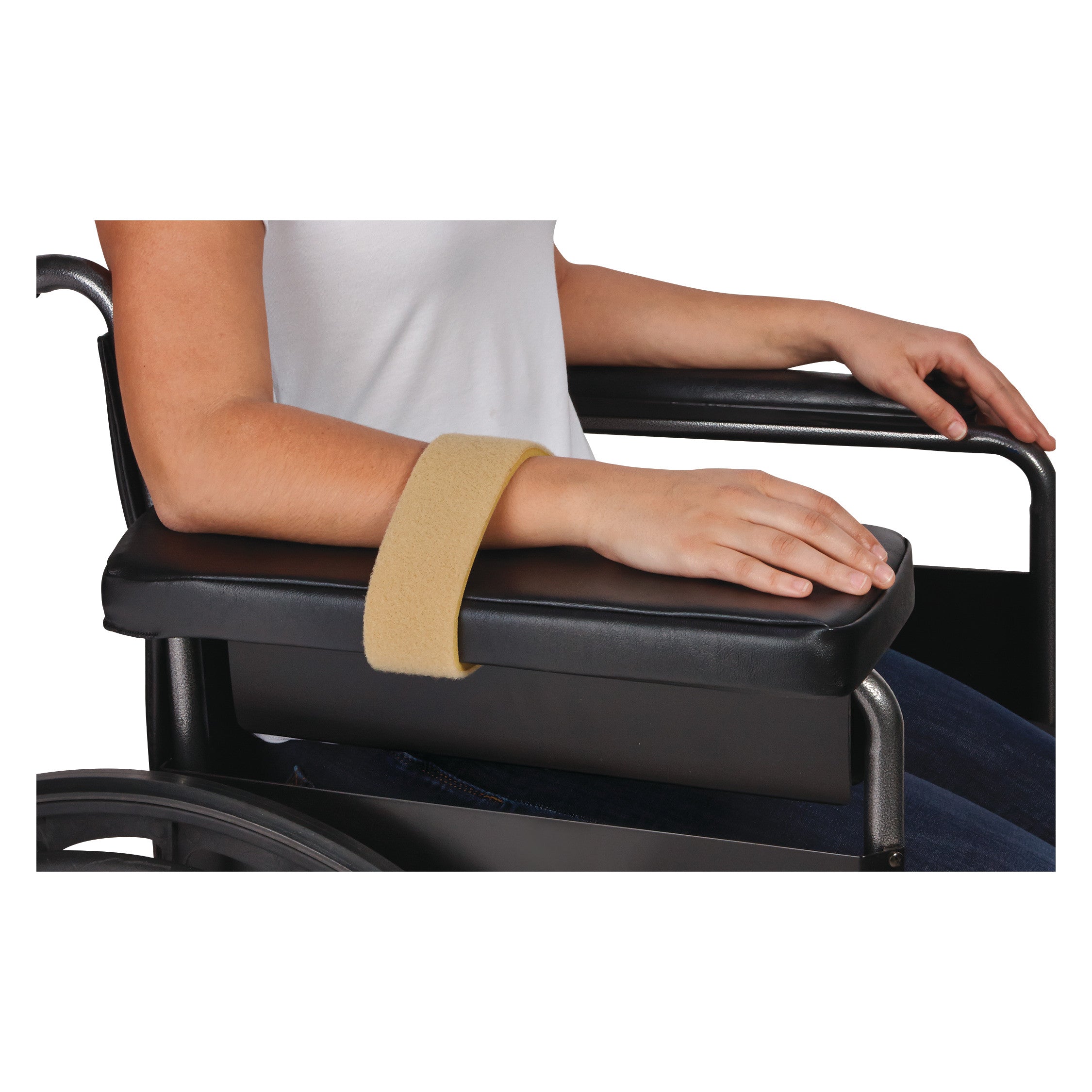 A person rests their arm on a wheelchair armrest, secured with an AliMed Super Beta Pile II Loop in beige for support.