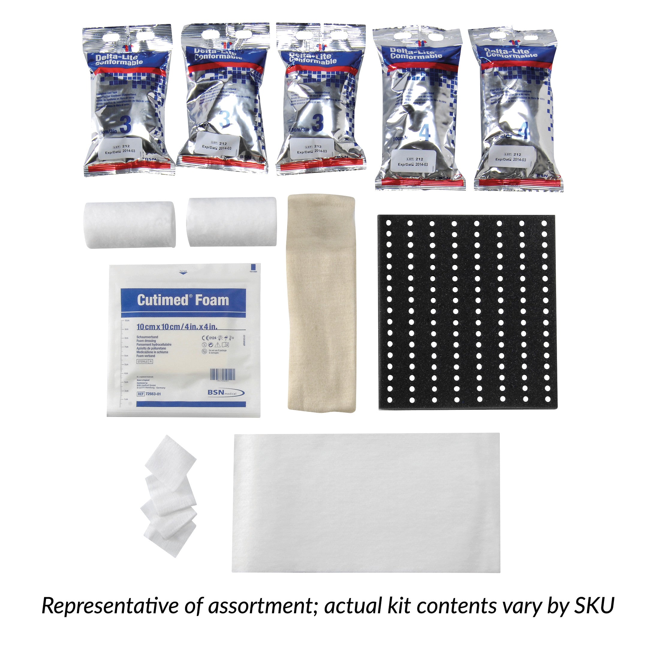 The Cutimed Off-Loader Select Total Contact Cast System, Synthetic Kit includes a variety of wraps, foam, and casting components.