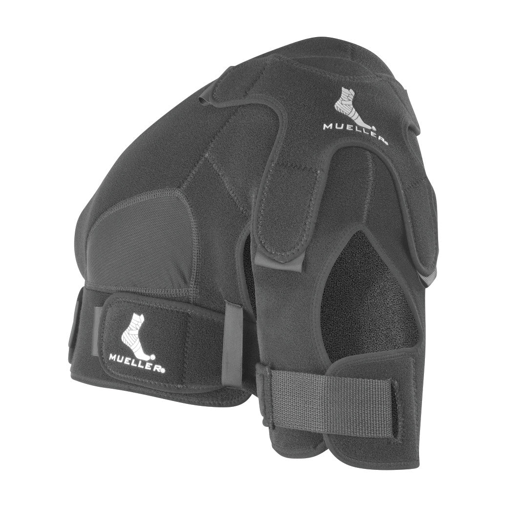The Mueller Shoulder Support is a black, adjustable shoulder brace designed for support and stability.