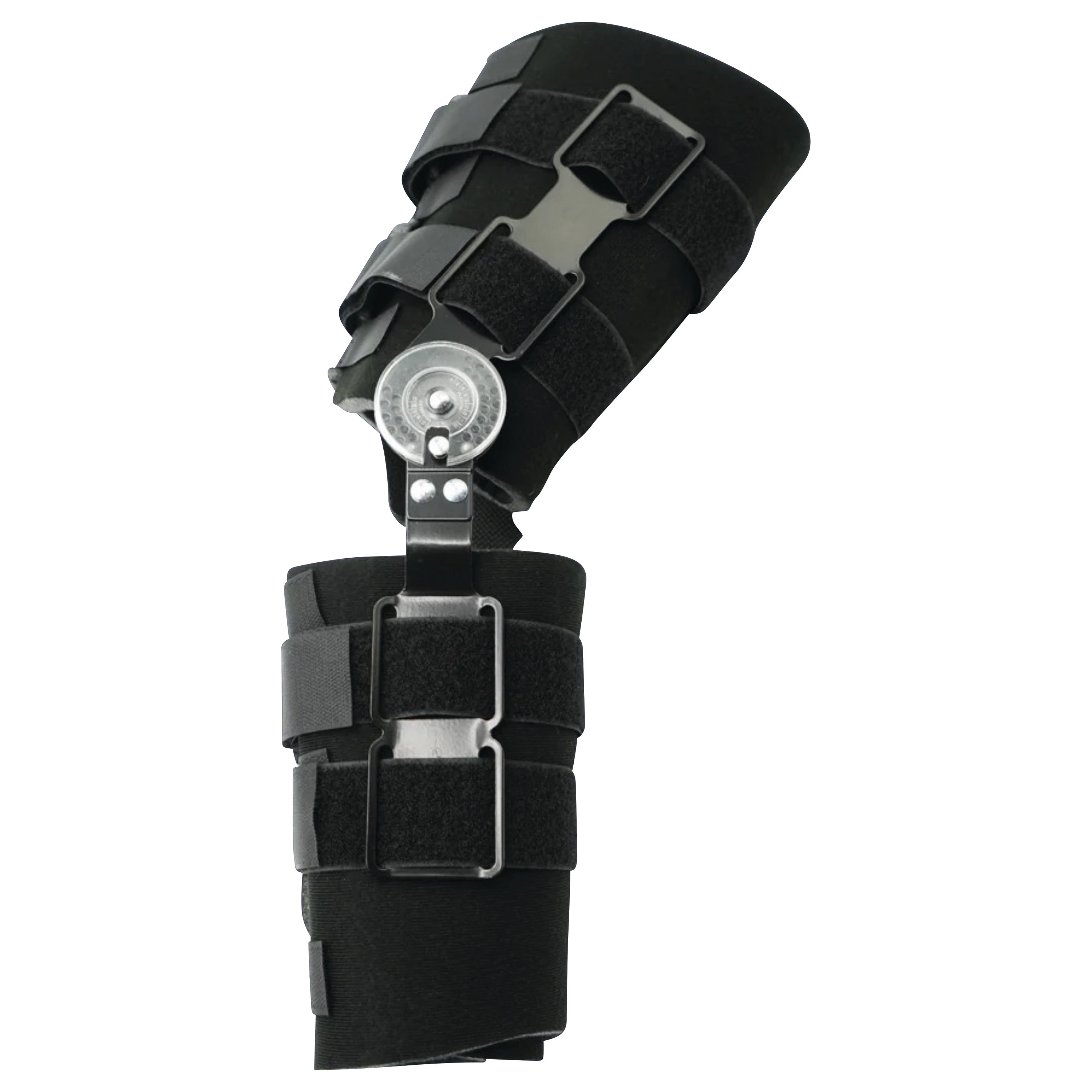 RCAI Short Adjustable Post-Operative Pin (POP) Knee Brace with Full Liner, featuring metal hinges and adjustable straps.