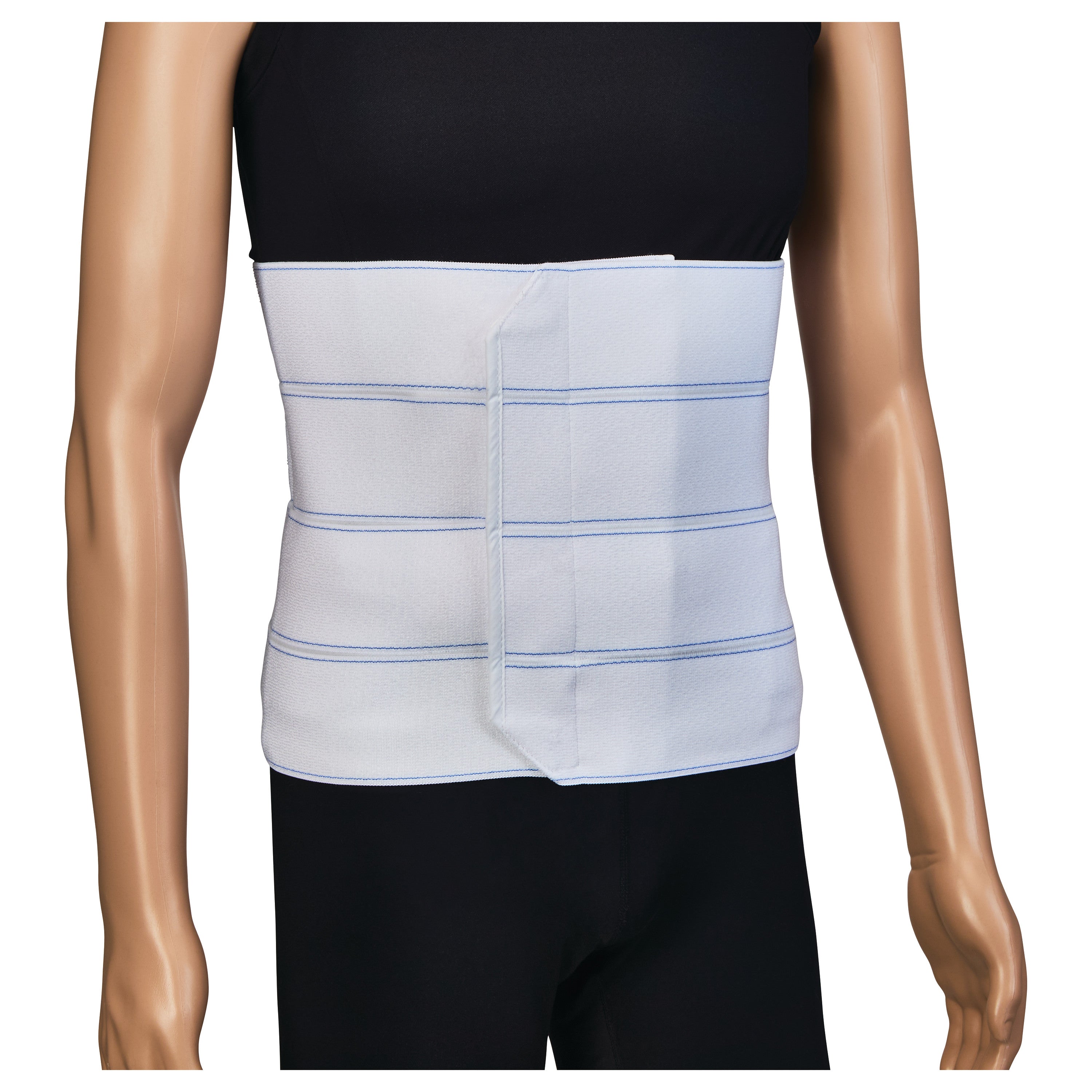 A mannequin wears the AliMed Four-Panel Abdominal Support, a white elastic support belt with blue stitching around the waist.