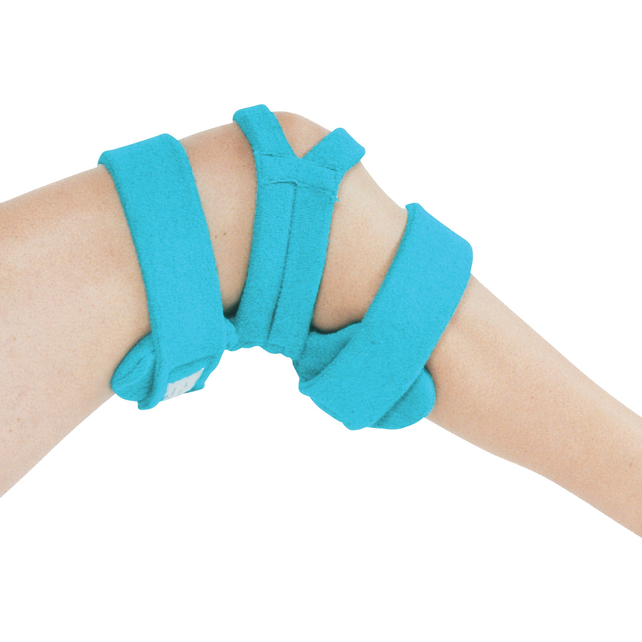 A leg wearing a Comfy Splints Pediatric Spring-Loaded Goniometer Knee Orthosis, a blue padded brace with adjustable straps.