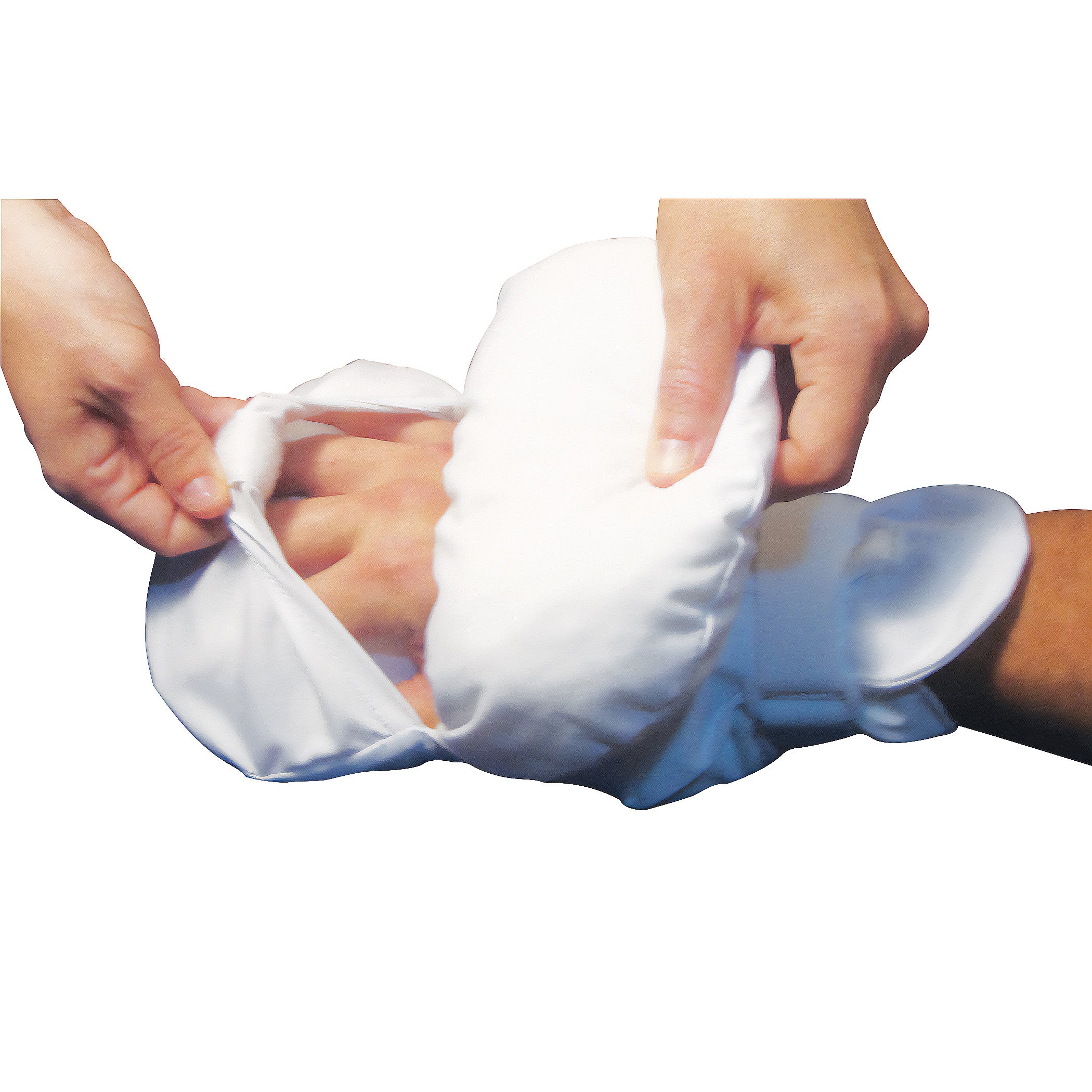Two hands adjust an AliMed Padded Easy-View Protective Mitt on a person's wrist. The mitt is white and cushioned.