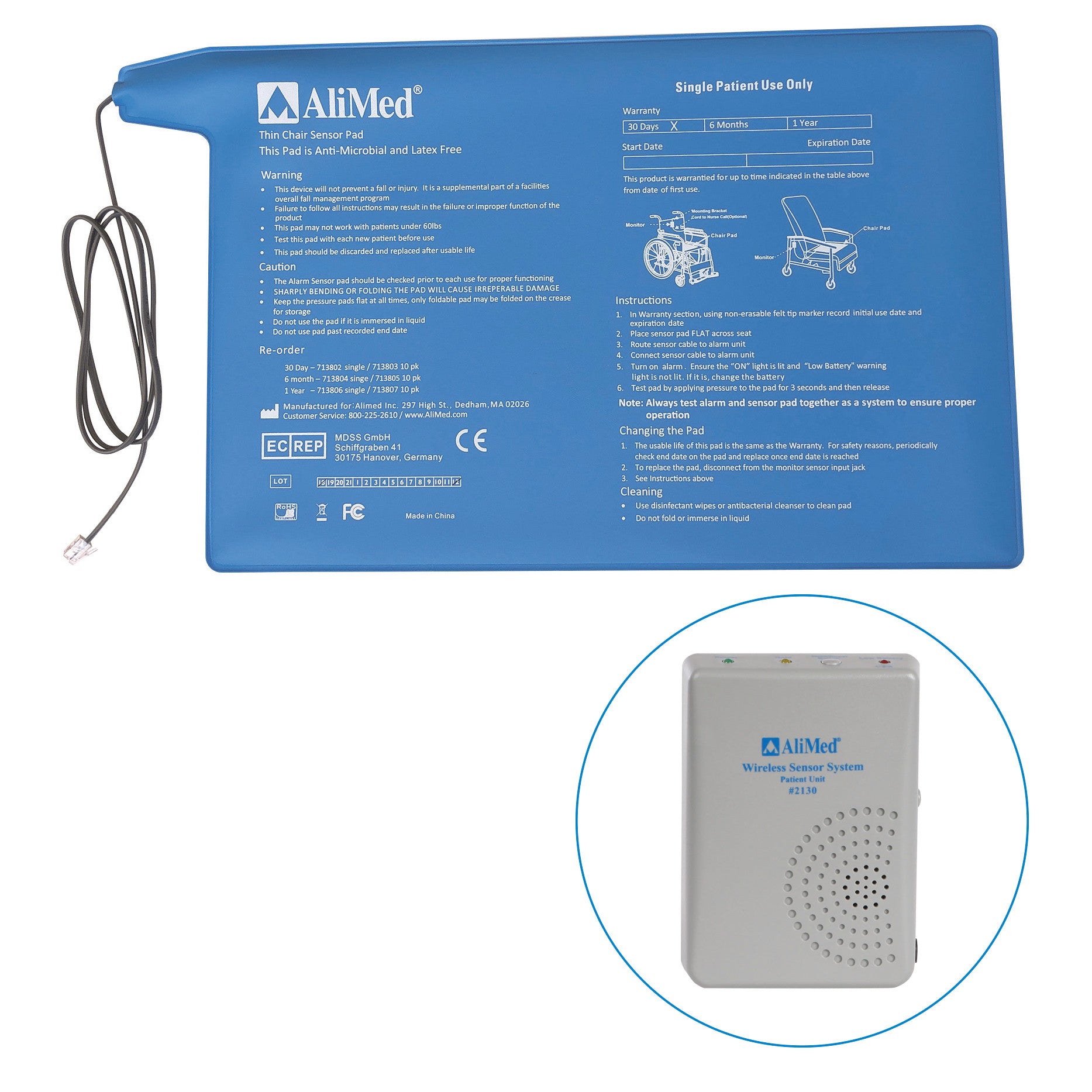 Blue AliMed Patient Alarm/Transmitter Unit with Chair Sensor Pad shown with attached cord. Wireless sensor system unit below.