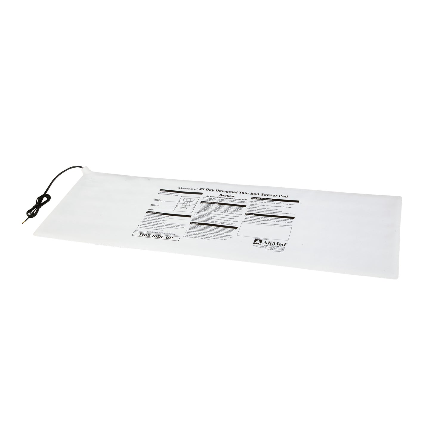AliMed QualCare Replacement Corded Bed Sensor Pad for Smart Caregiver Alarms. It is a white pad with printed instructions and a black cord.