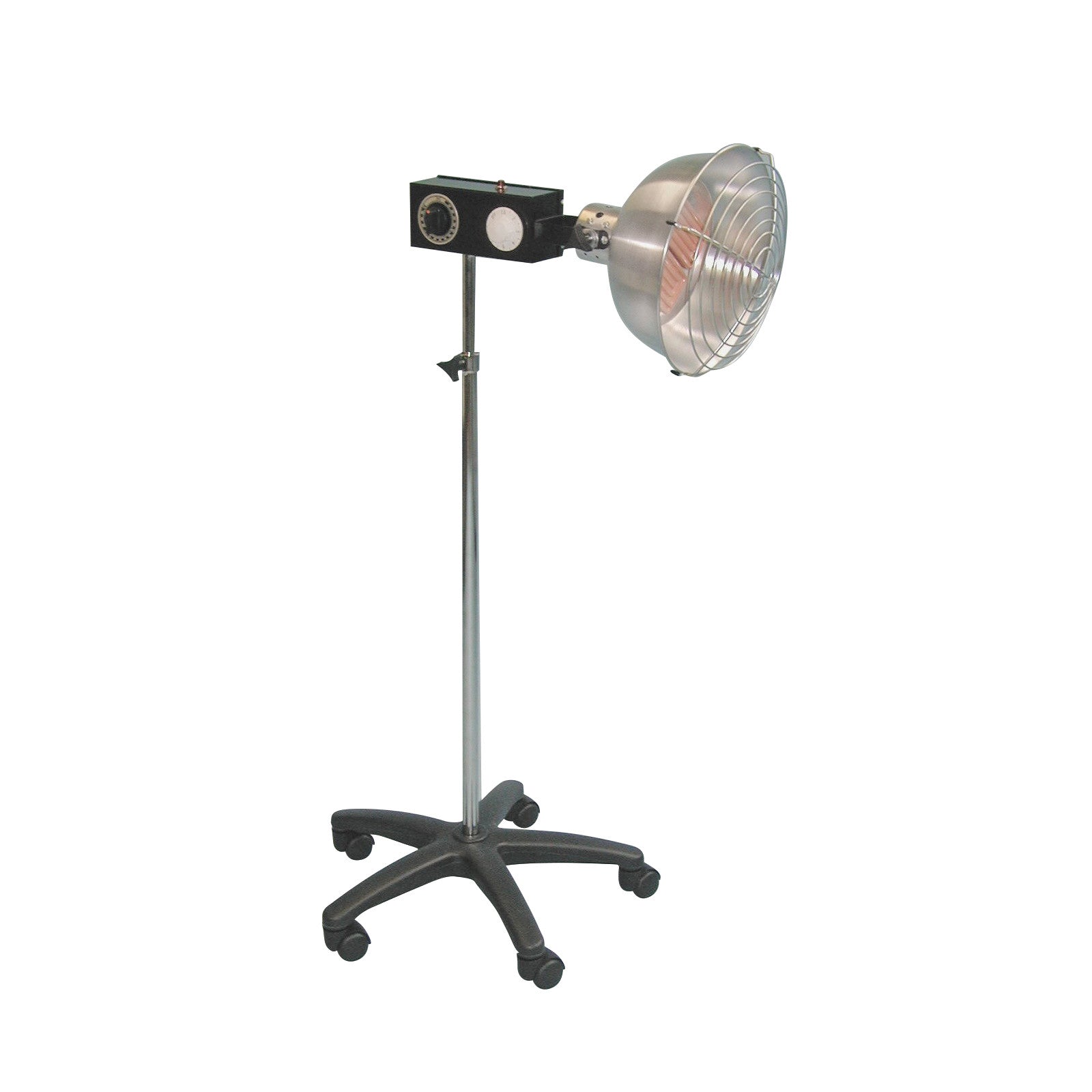 A silver Adjustable Infra-Red Heat Lamp on a wheeled stand with a black control box and timer, featuring a metal mesh cover.