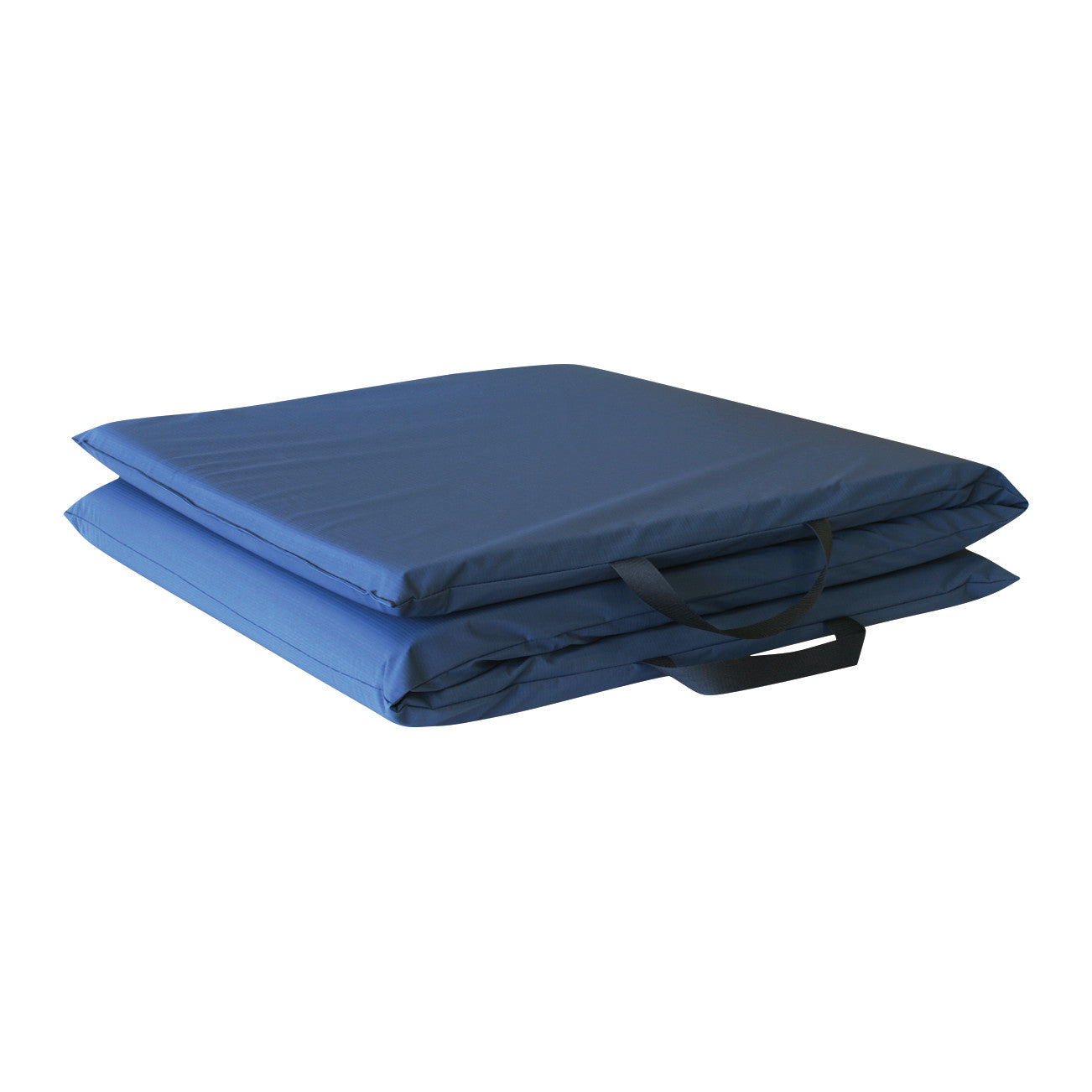 A blue NYOrtho Tri-Fold Bedside Safety Mat is folded with visible handles, designed to cushion falls and enhance safety near beds.