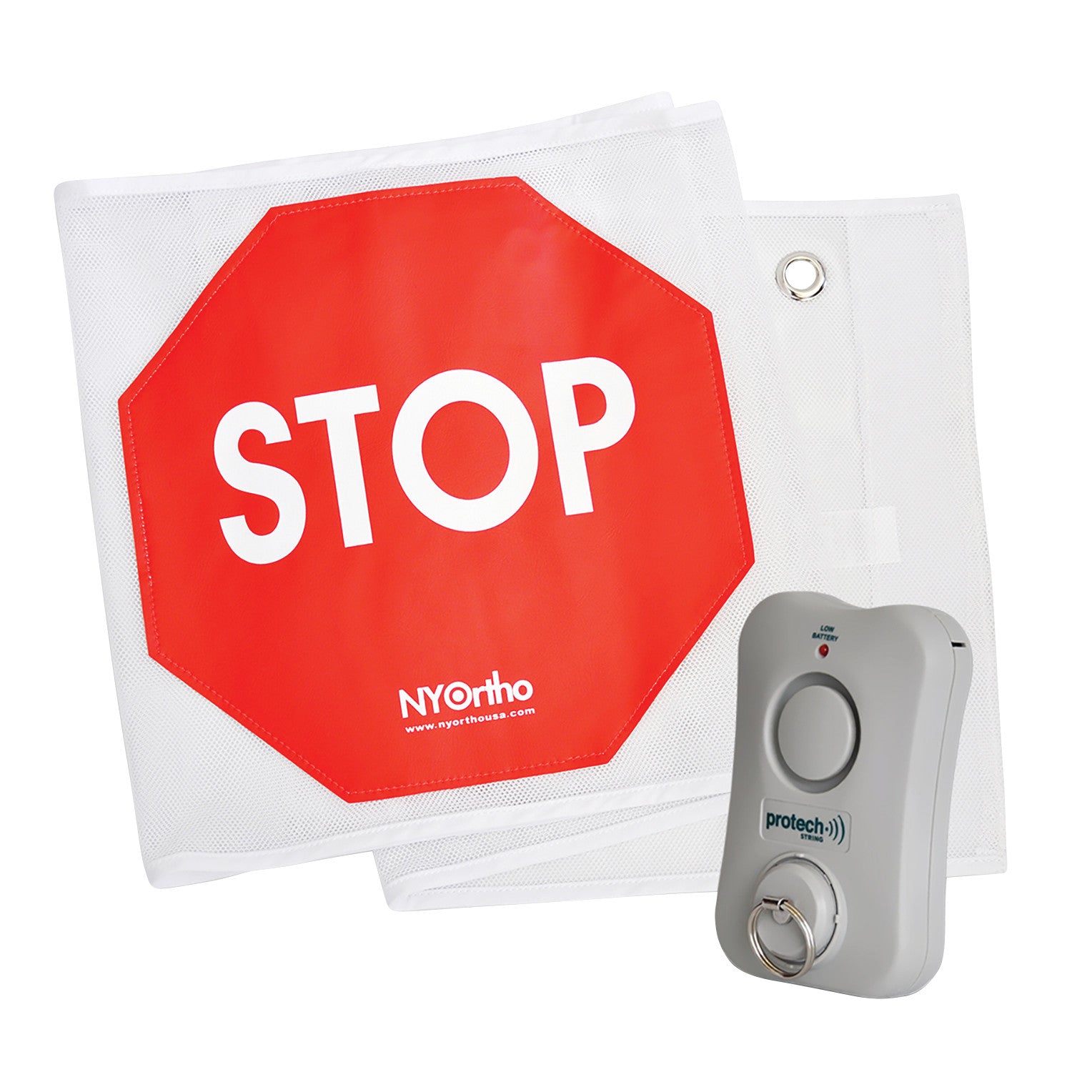NYOrtho Door Guard Stop Sign with Alarm, featuring a red stop sign and a grey alarm device with button and keyring.