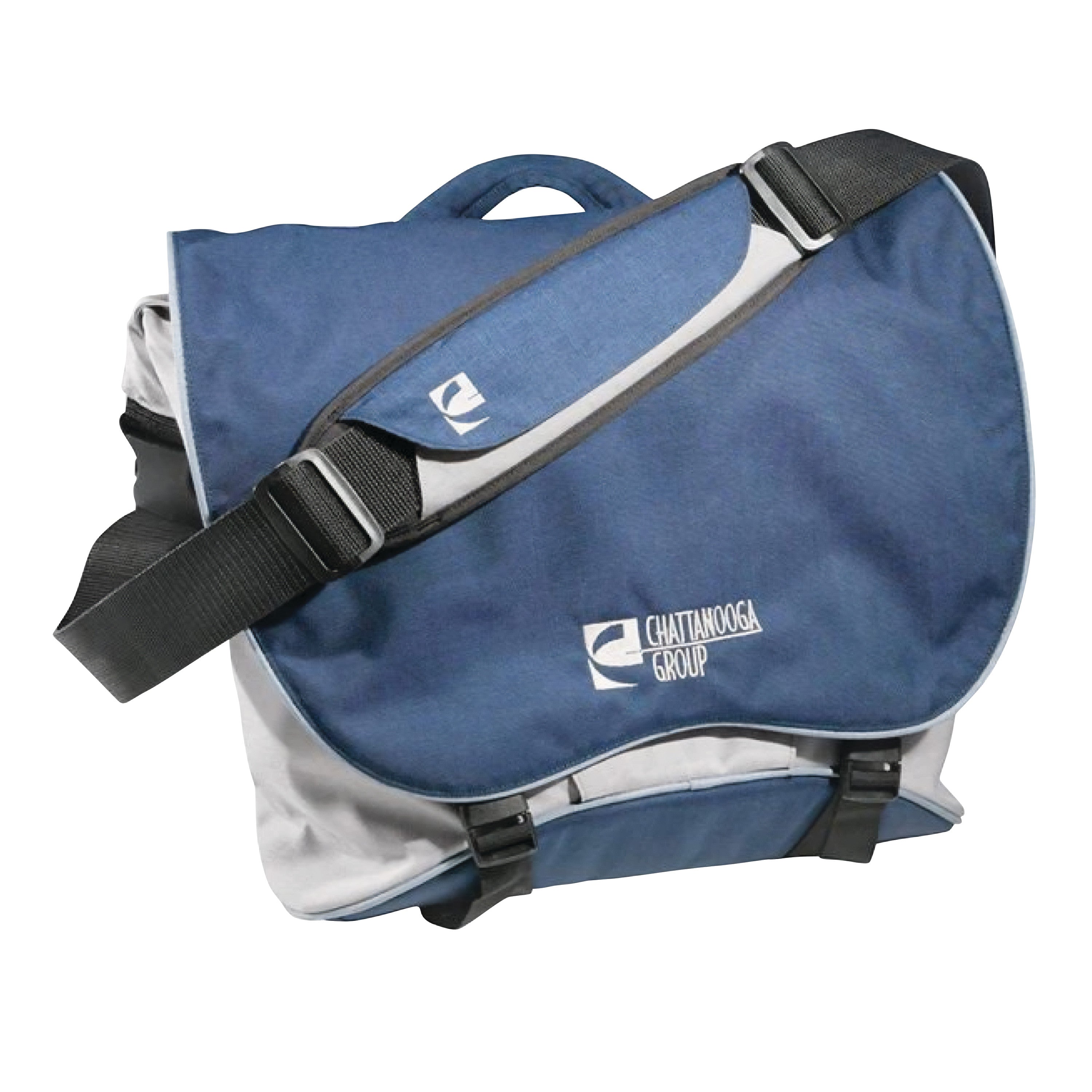 Blue and gray carry bag for Chattanooga Intelect Transport Two-Channel Stimulator System, featuring a shoulder strap and logo.