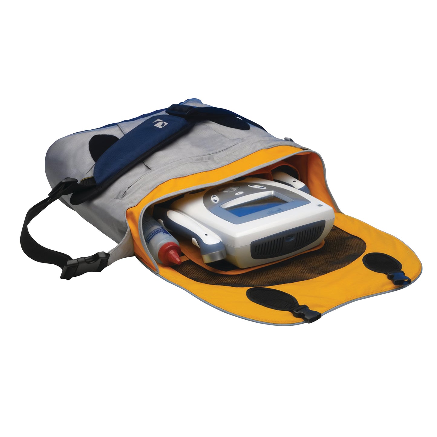 A gray and yellow Carry Bag for Chattanooga Intelect Transport Two-Channel Stimulator System holds the device and a bottle inside.