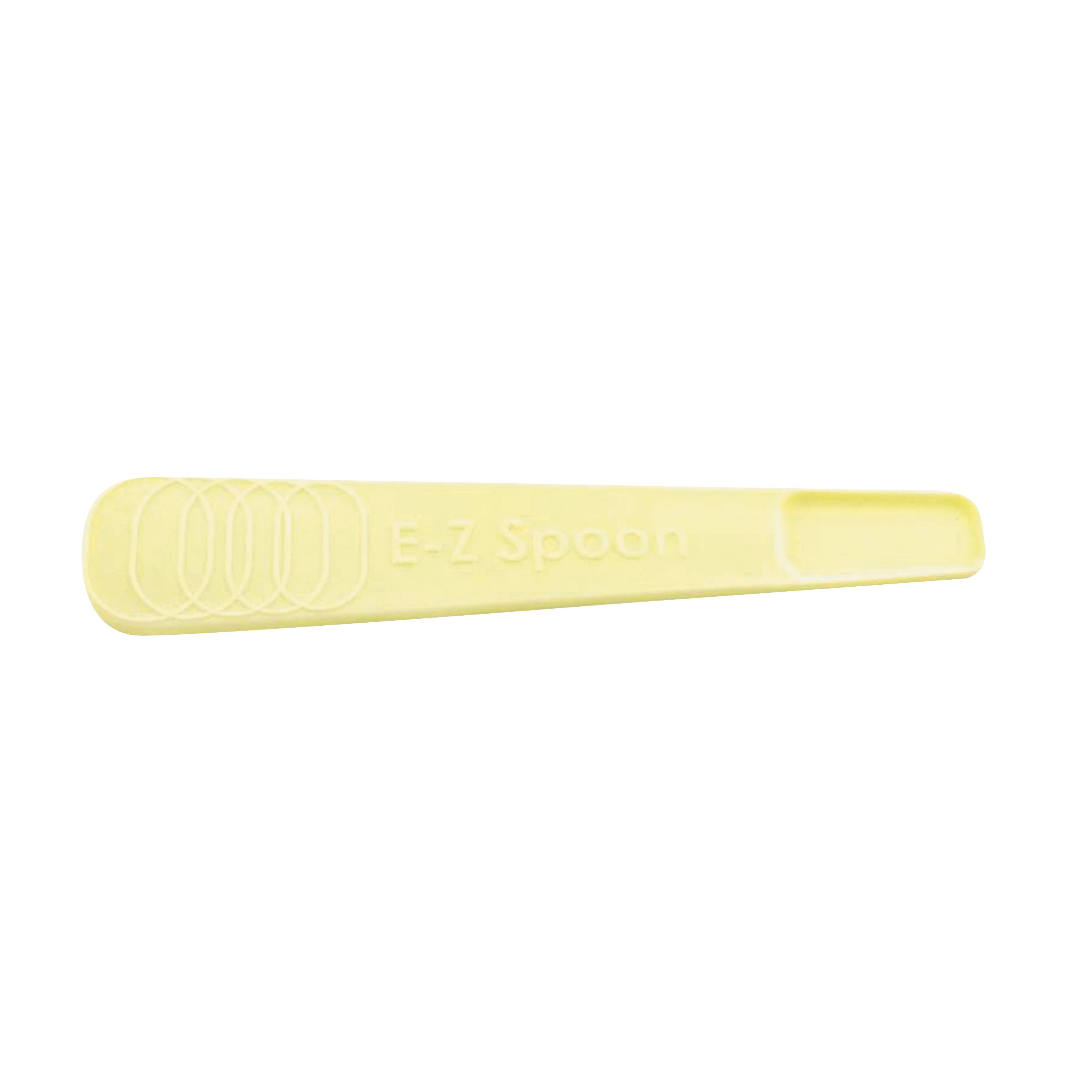 A yellow Beckman E-Z Spoon with a flat design and a small scoop on one end, embossed with its name on the handle.