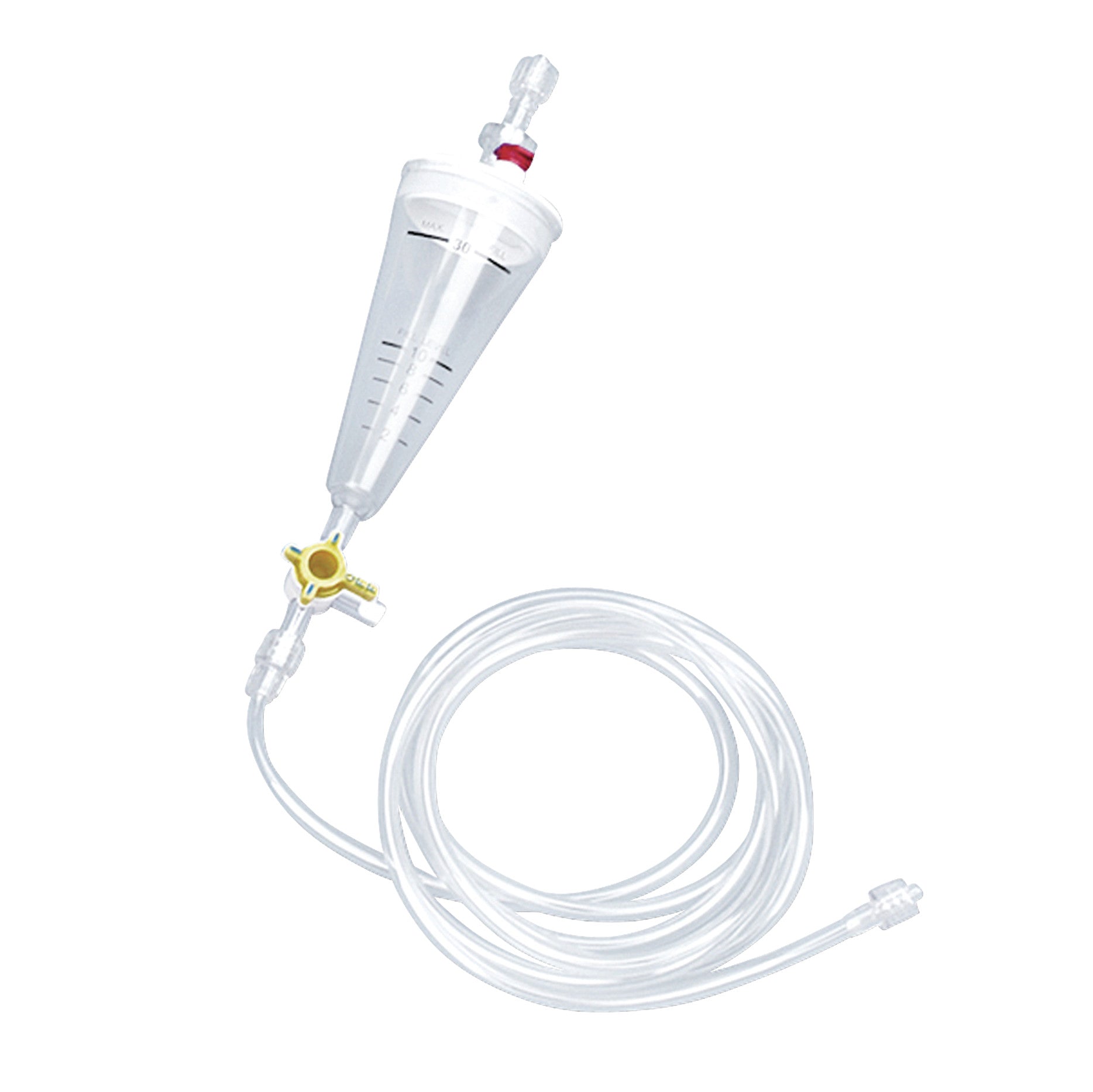 DeRoyal Contrast Saver Set with a graduated funnel and long clear tubing, featuring a yellow rotary valve for fluid regulation.