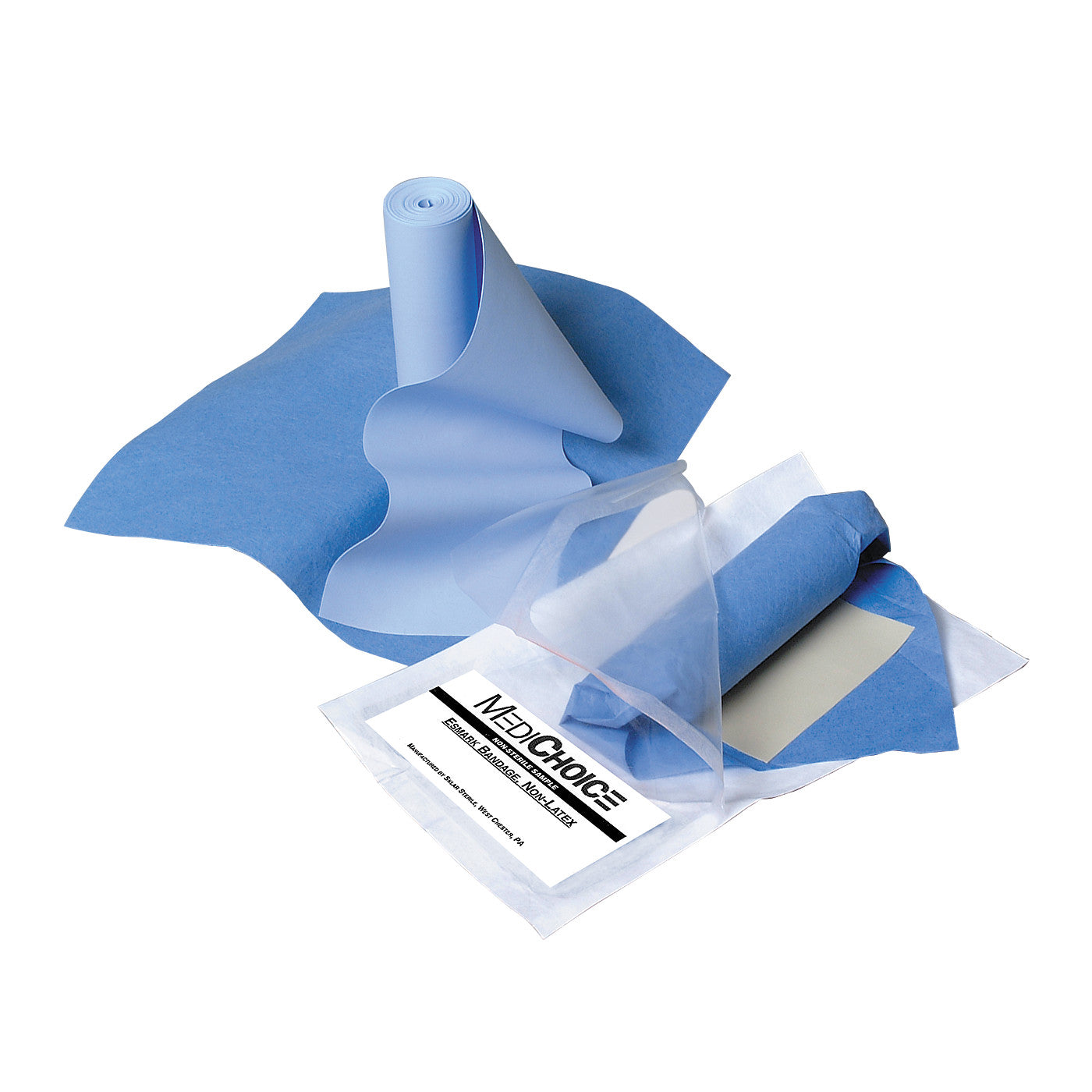 Blue rolls of MediChoice Esmark Bandage are partially unrolled, next to the packaging on a white background.