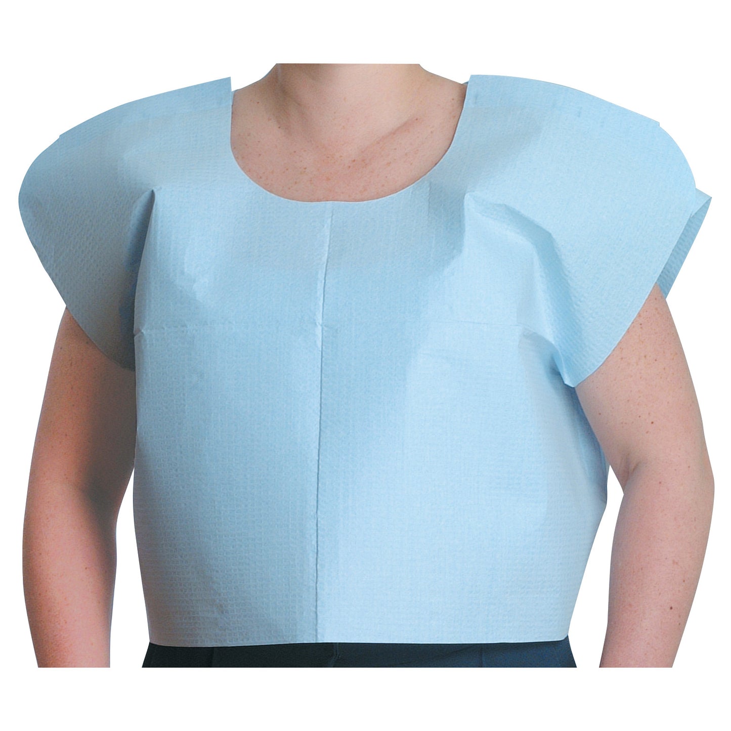 A person wearing a light blue MediChoice Exam Cape with short sleeves, covering the upper body.