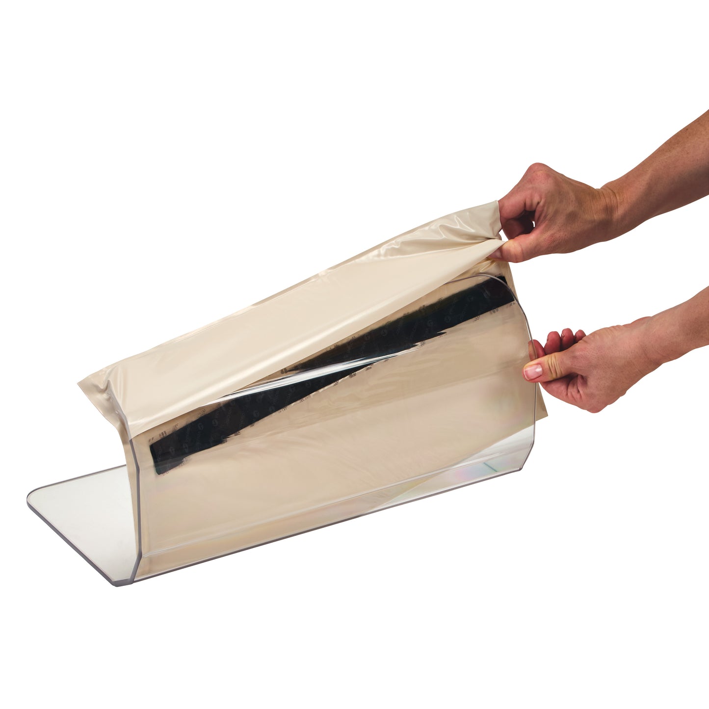 Hands adjust an AliMed AliGel Toboggan Gel Pad, a beige, flexible pad with a black strip, on a transparent stand.