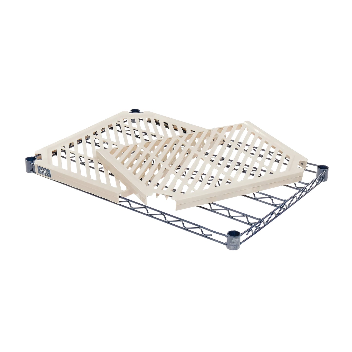 A "Shelf for Nexelon Antimicrobial Shelving Unit" with a beige lattice design on a metal frame, viewed from an angle.