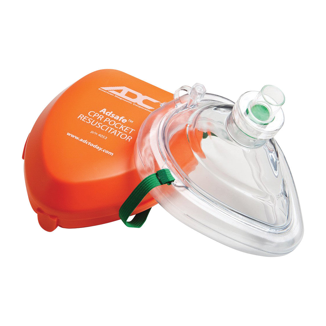 An orange Adsafe CPR Pocket Resuscitator with a clear mask and green strap, designed for emergency resuscitation.