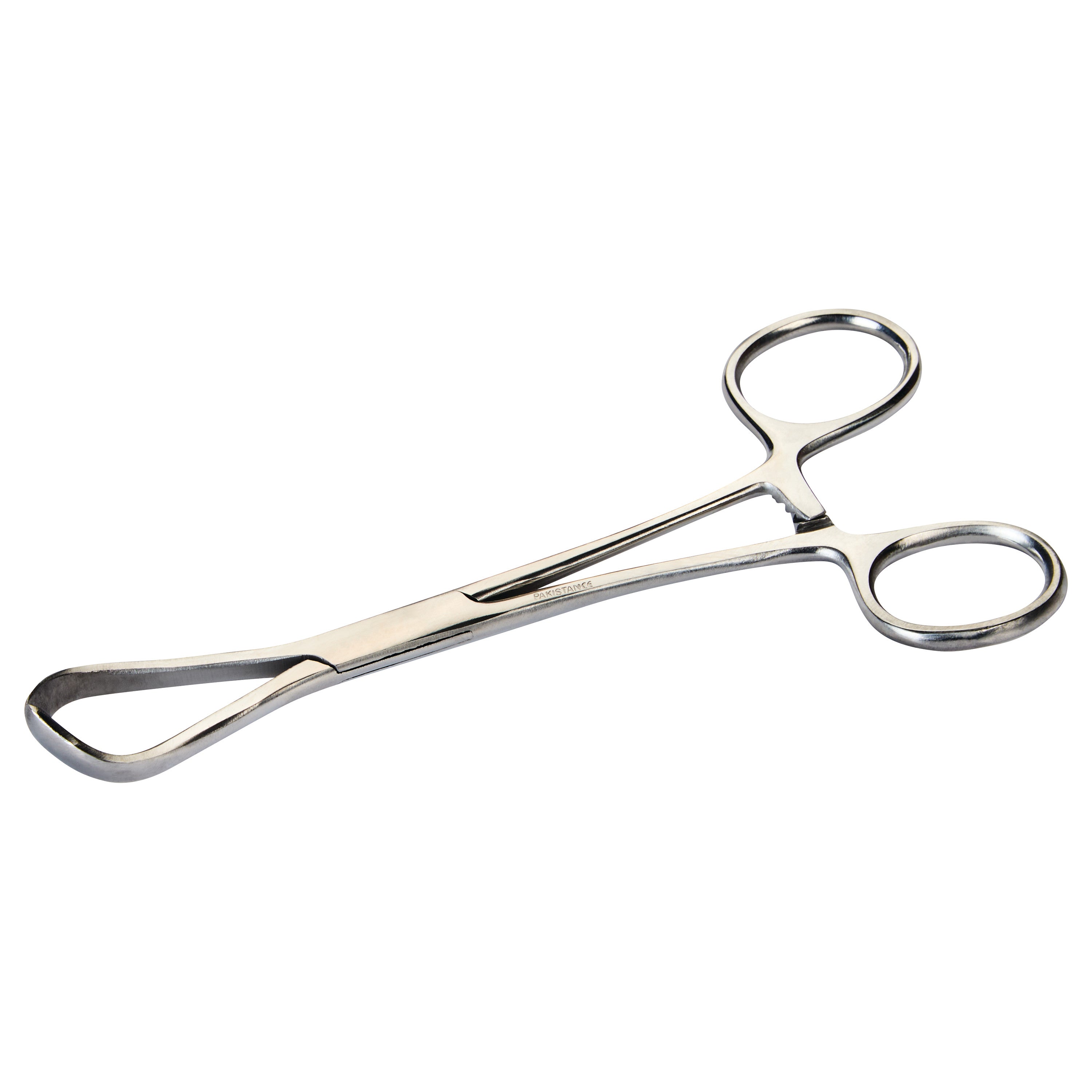 The Lorna Towel Clamp is a stainless steel surgical instrument with two curved arms and finger loops for gripping towels during procedures.