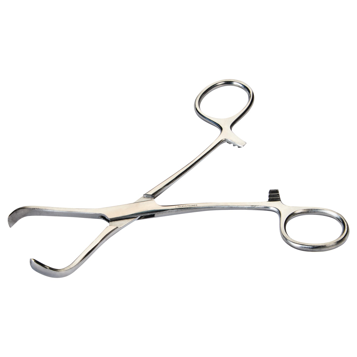 A stainless steel Lorna Towel Clamp with curved, blunt jaws and finger rings against a white background.