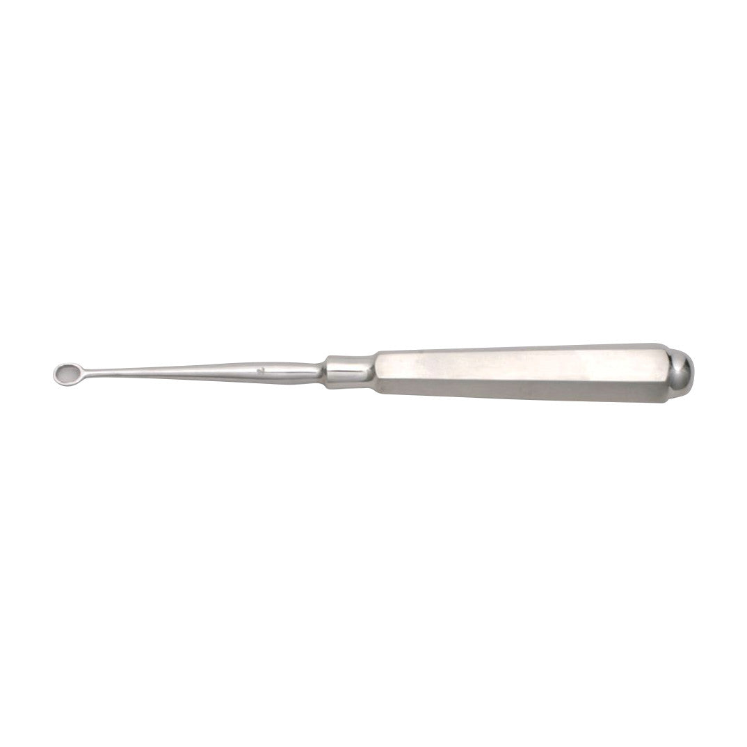 A Piffard Dermal Curette, a surgical instrument with a rounded loop and a textured handle, used for scraping skin lesions.