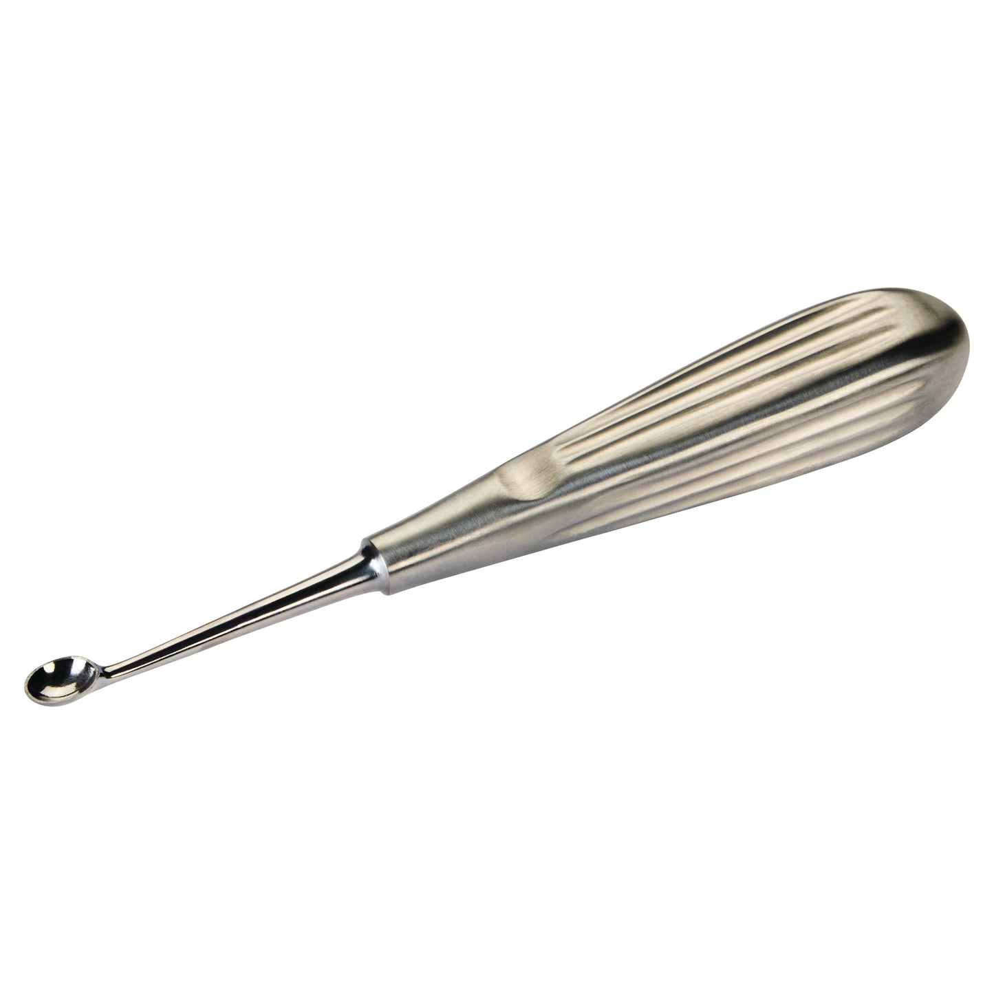 The Spratt (Brun) Bone Curette is a stainless steel medical instrument with a textured handle and a small, curved scoop at the tip.