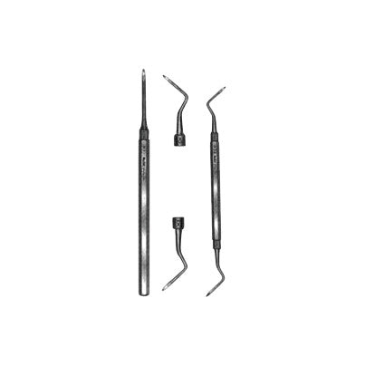 Miltex Heidbrink Root Tip Pick dental instruments with angled tips and metal handles arranged on a white background.
