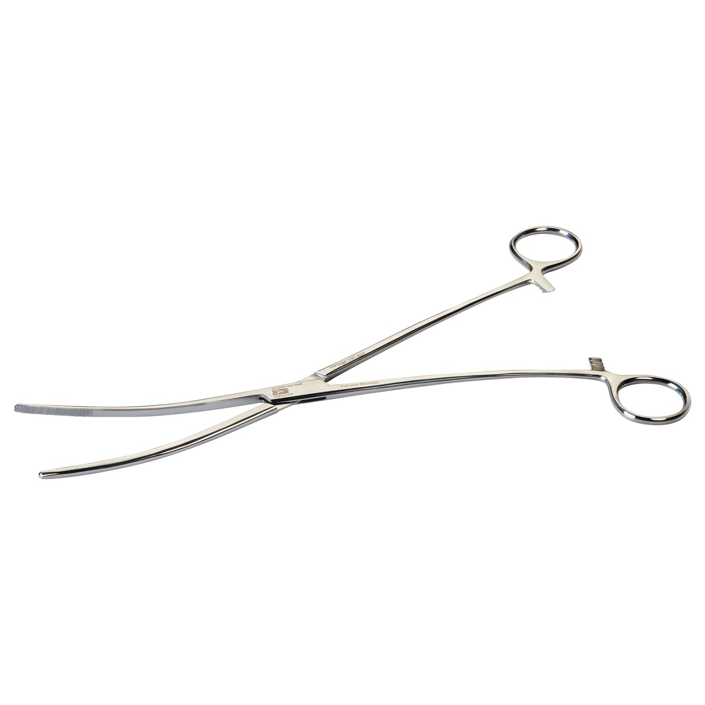 Miltex Bozeman Uterine Dressing Forceps, featuring long, curved tips and ring handles, are shown on a white background.