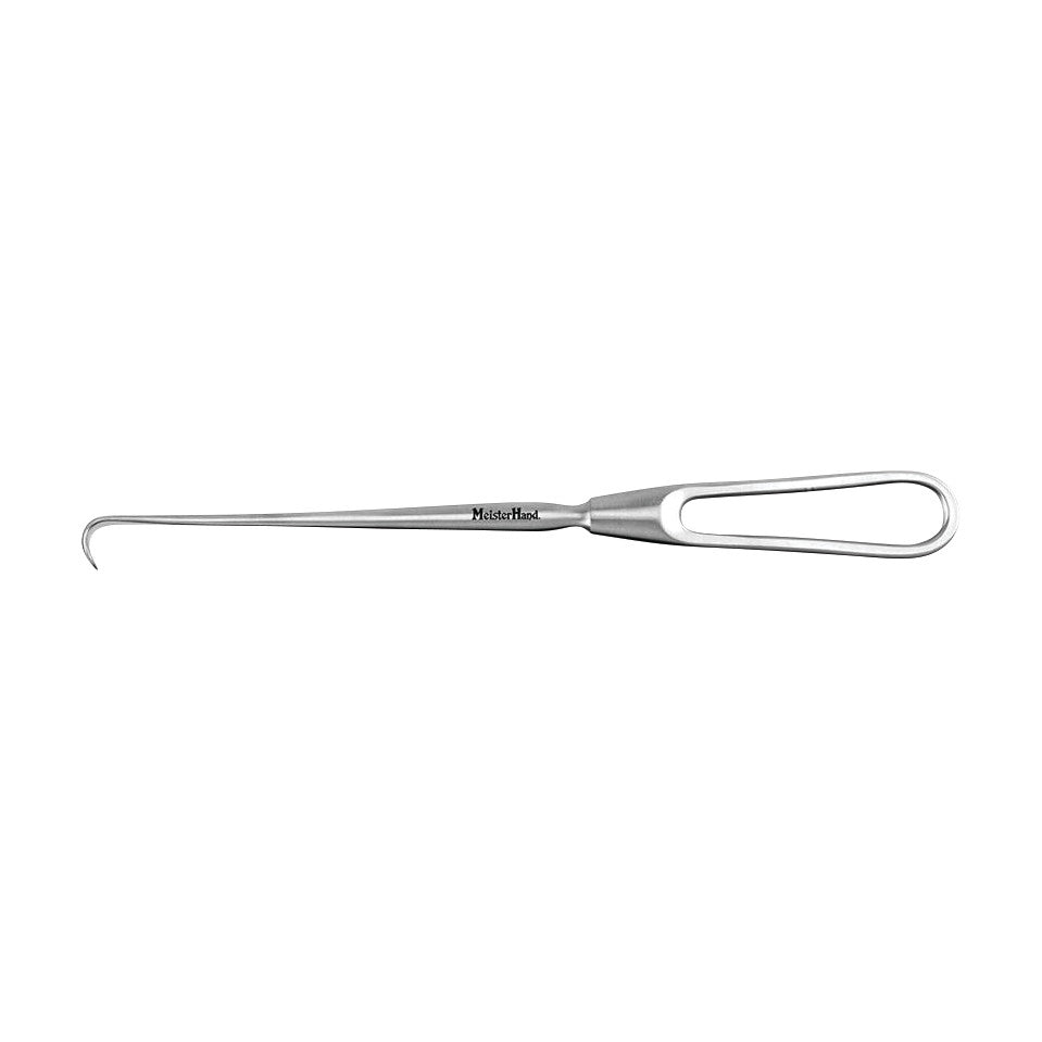 The Miltex MeisterHand Cushing Vein Retractor is a stainless steel surgical tool with a looped handle and a curved hook tip.