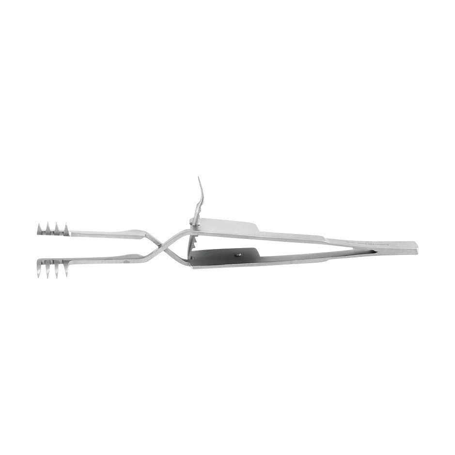 The Miltex MeisterHand Heiss Self-Retaining Cross Action Retractor is a stainless steel surgical tool with serrated ends for gripping tissue.