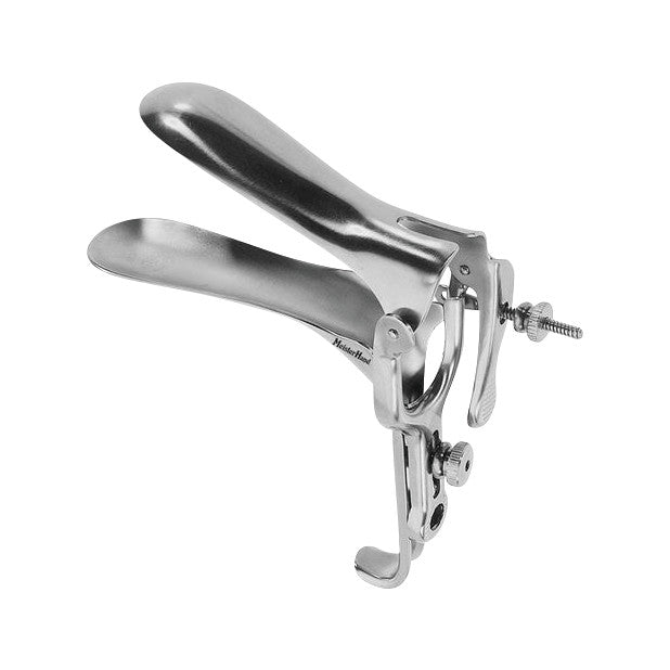A Miltex MeisterHand Graves Vaginal Speculum, a metal medical instrument with adjustable blades and screws for gynecological exams.
