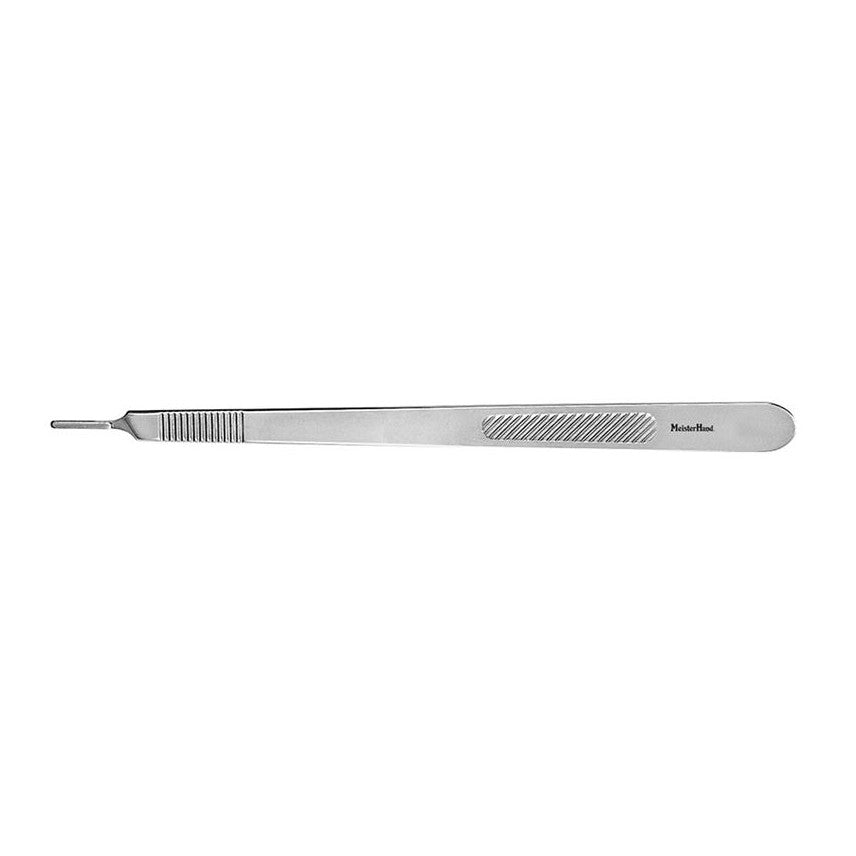 Miltex MeisterHand Knife Handle with a sleek metal design and textured grip for precision use.