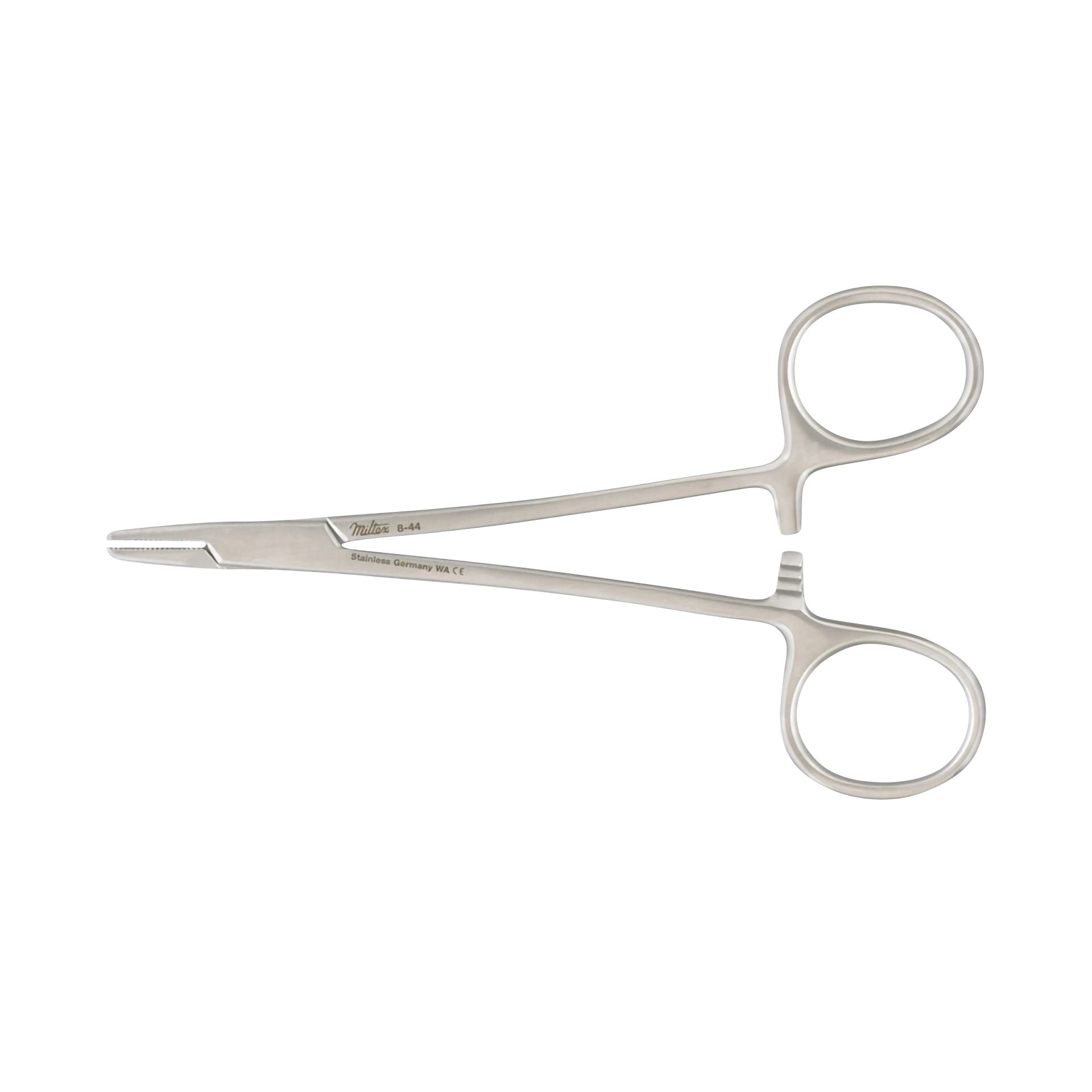Miltex Mayo-Hegar Needle Holder, a silver surgical instrument with looped handles and a textured grip, used in suturing procedures.