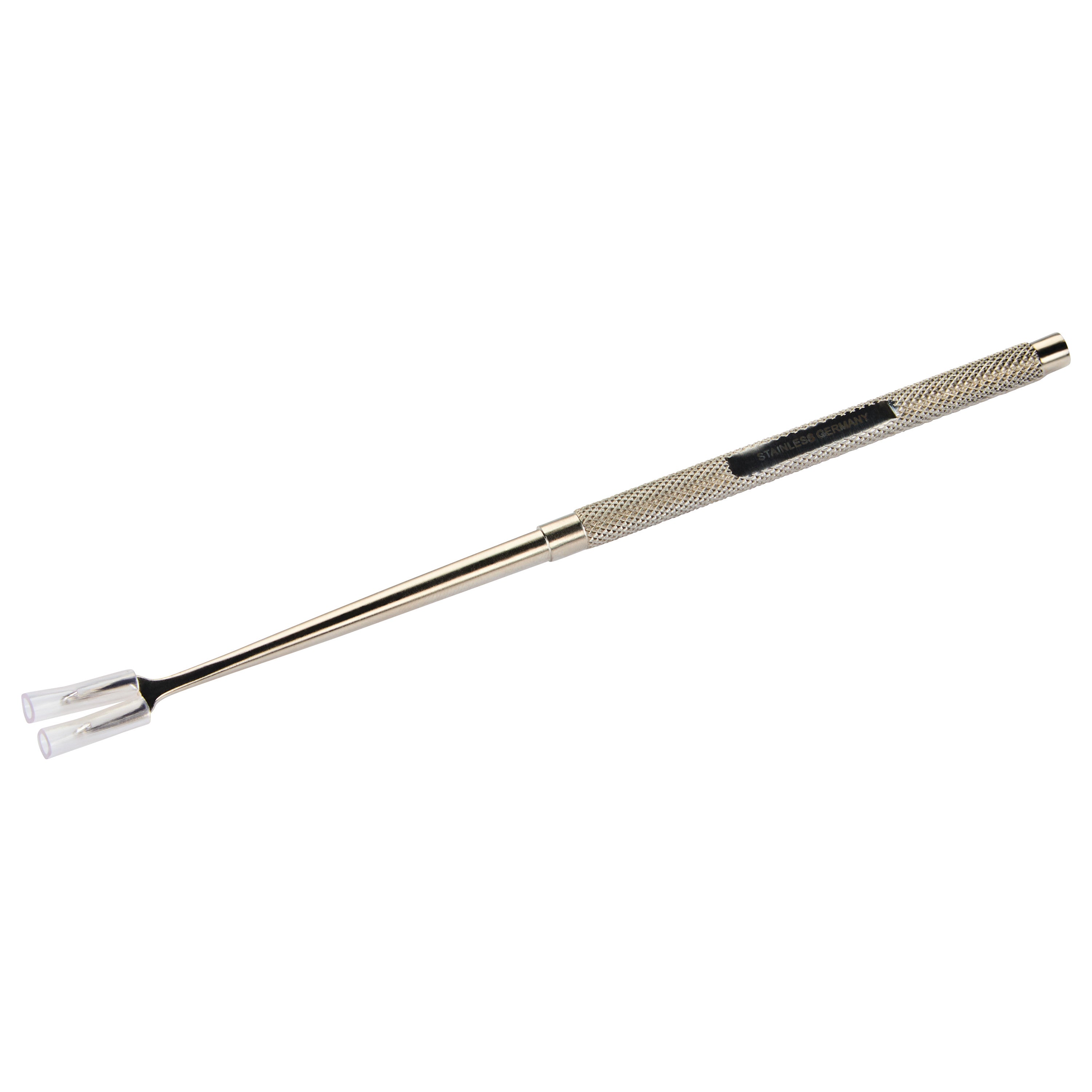 The Joseph Double Hook is a stainless steel medical tool with a textured handle and two thin curved hooks at the end.