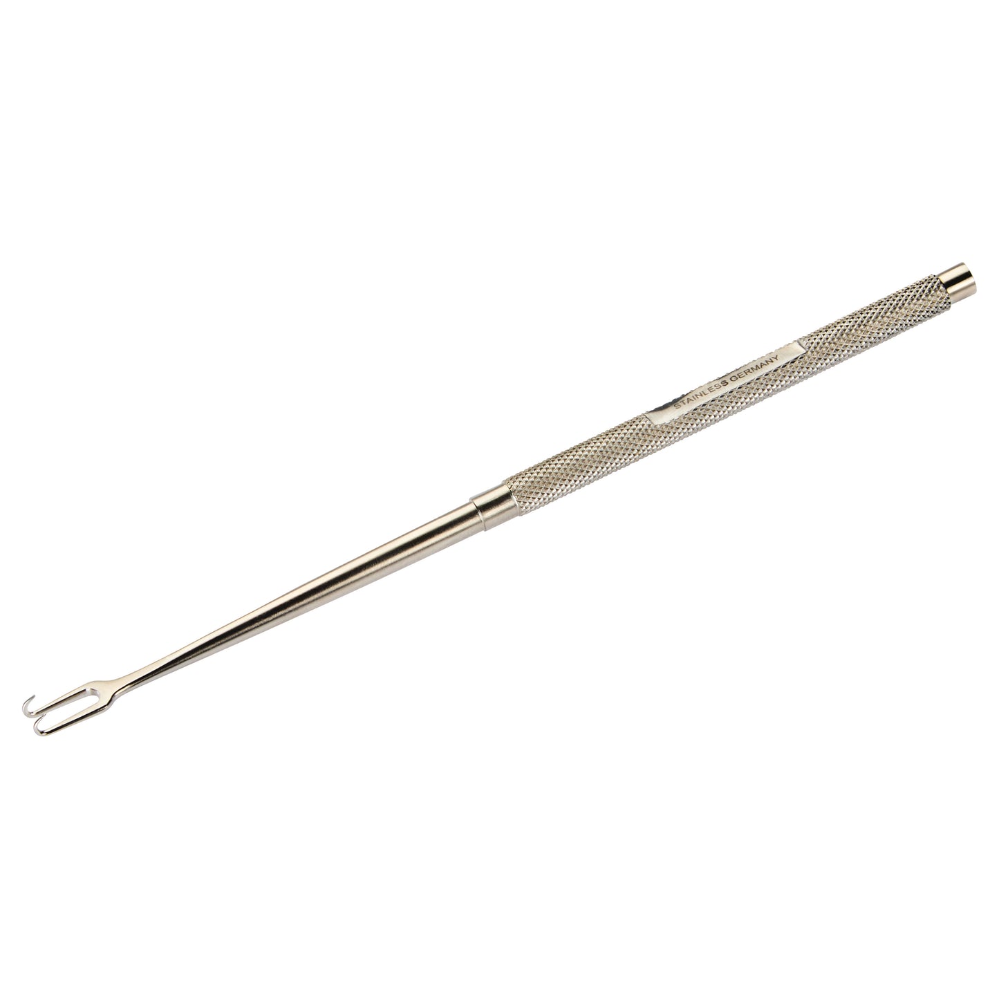 A Joseph Double Hook with a textured grip handle, featuring a double-pronged tip, typically used in surgical procedures.
