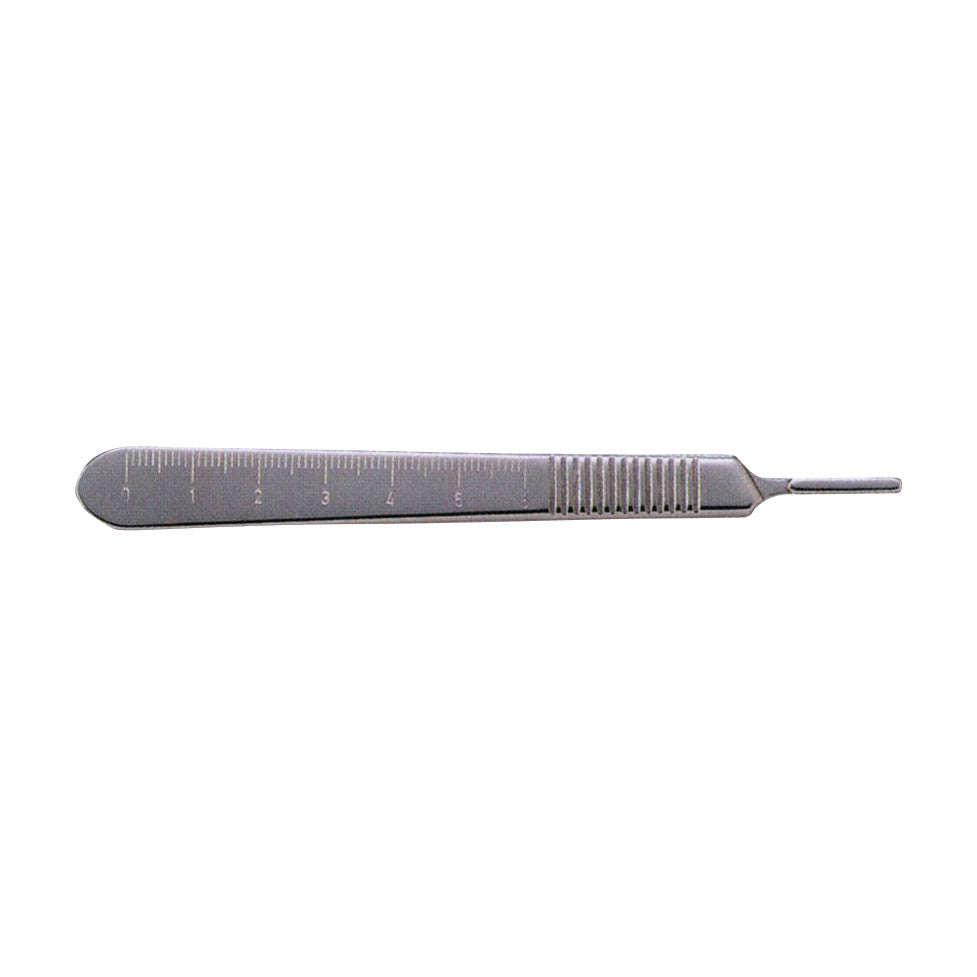 A Miltex Metric Scale Knife Handle made of metal with measurement markings and a ridged grip, designed for surgical use.