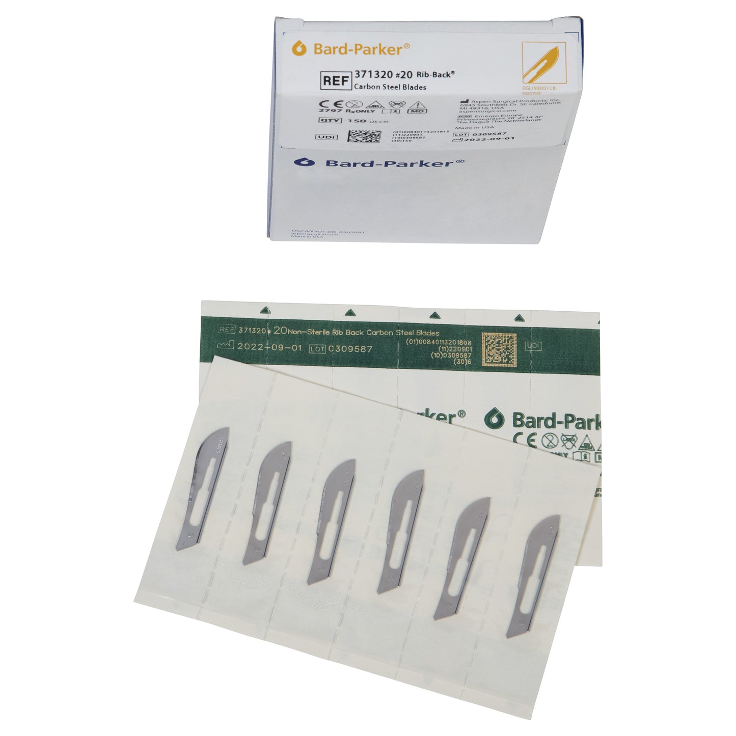 Bard-Parker Carbon Steel Rib-Back Blade box with five individually packaged surgical blades displayed below the packaging.