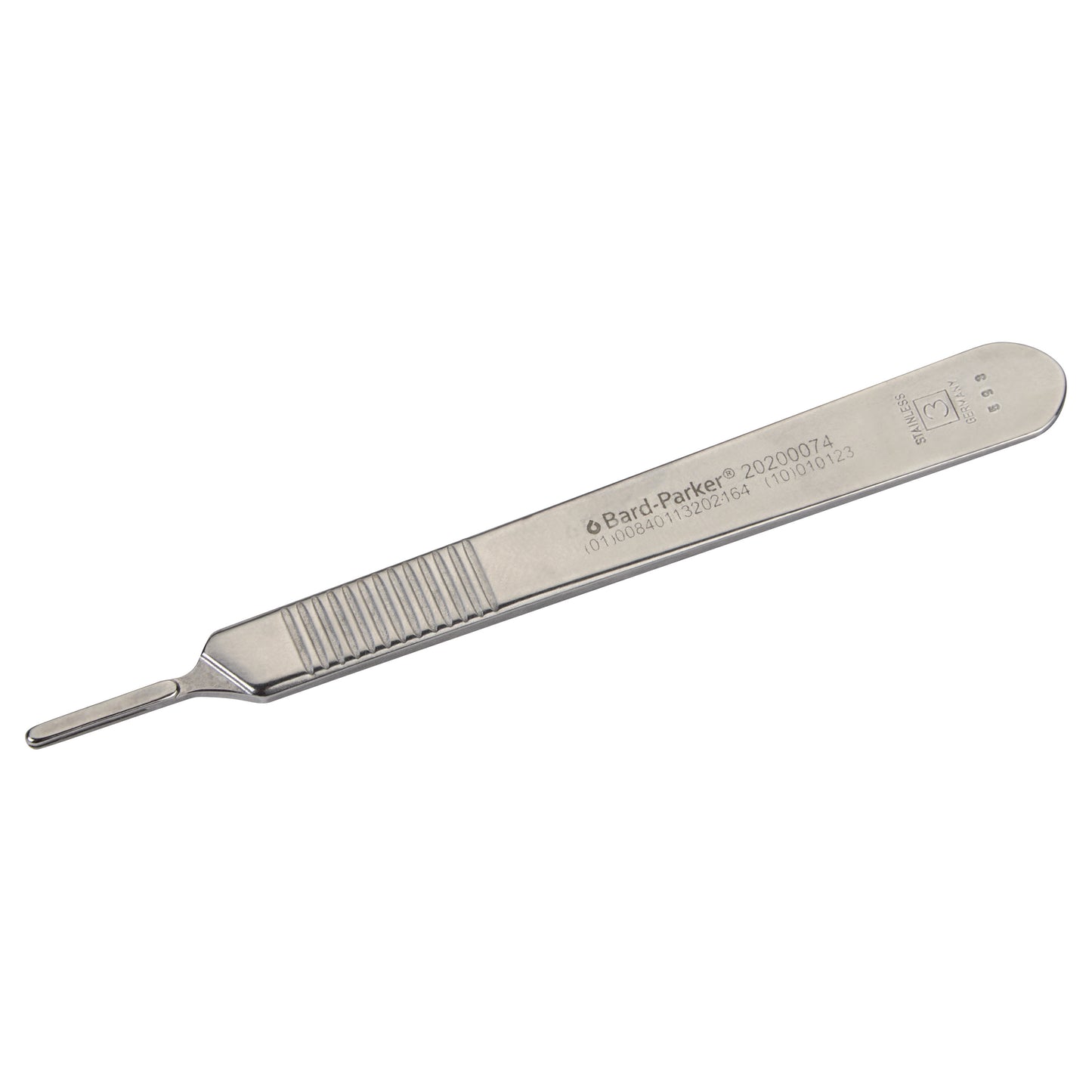 The Bard-Parker Metric Scale B-D Scalpel Handle is a silver metal surgical instrument, featuring a textured grip and engraved details.