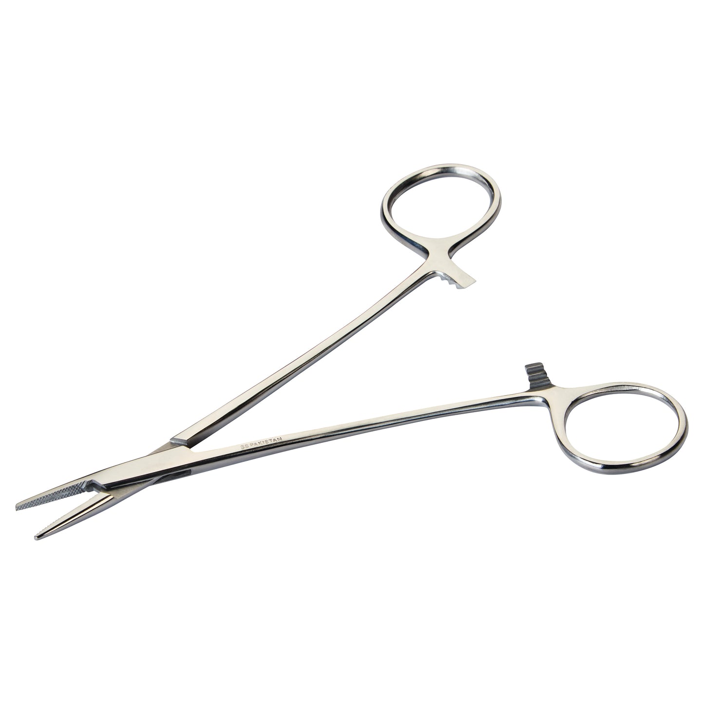 A Crile-Wood Needle Holder with stainless steel construction and scissor-like design, featuring finger loops and serrated tips.