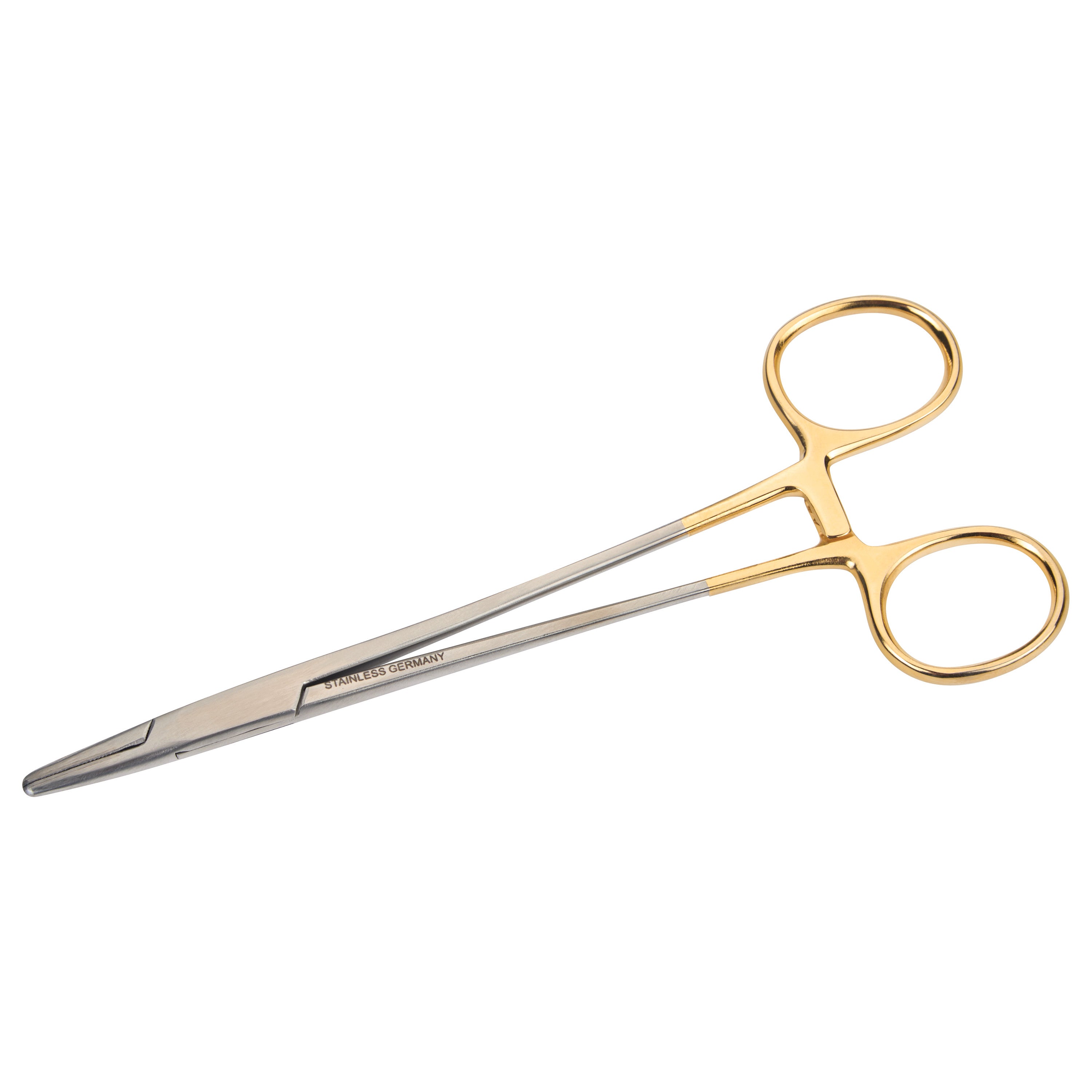 Tungsten Carbide Mayo Hegar Needle Holder with gold and silver finish, featuring finger loops and serrated jaws for gripping needles.