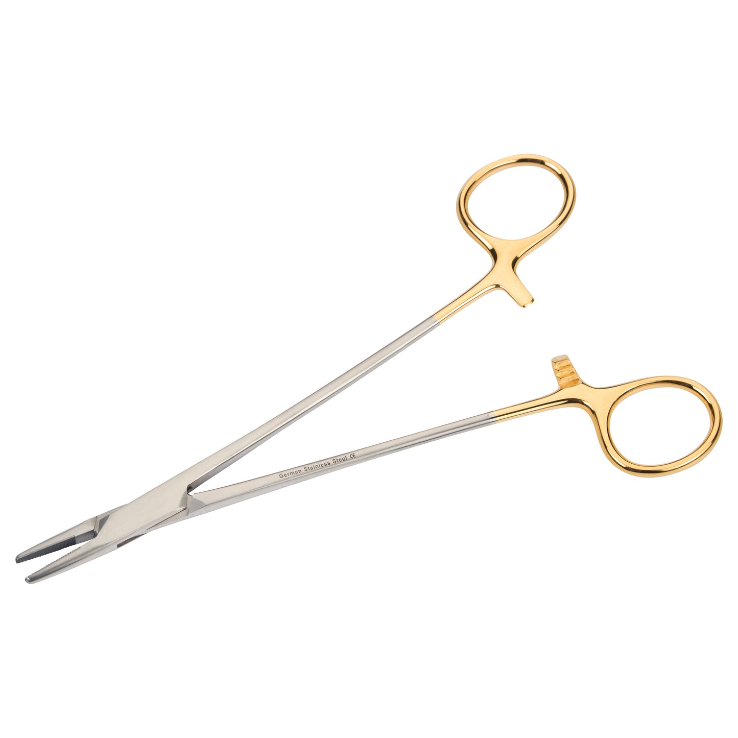 Tungsten Carbide Mayo Hegar Needle Holder with gold rings and a silver body, used for surgical suturing.