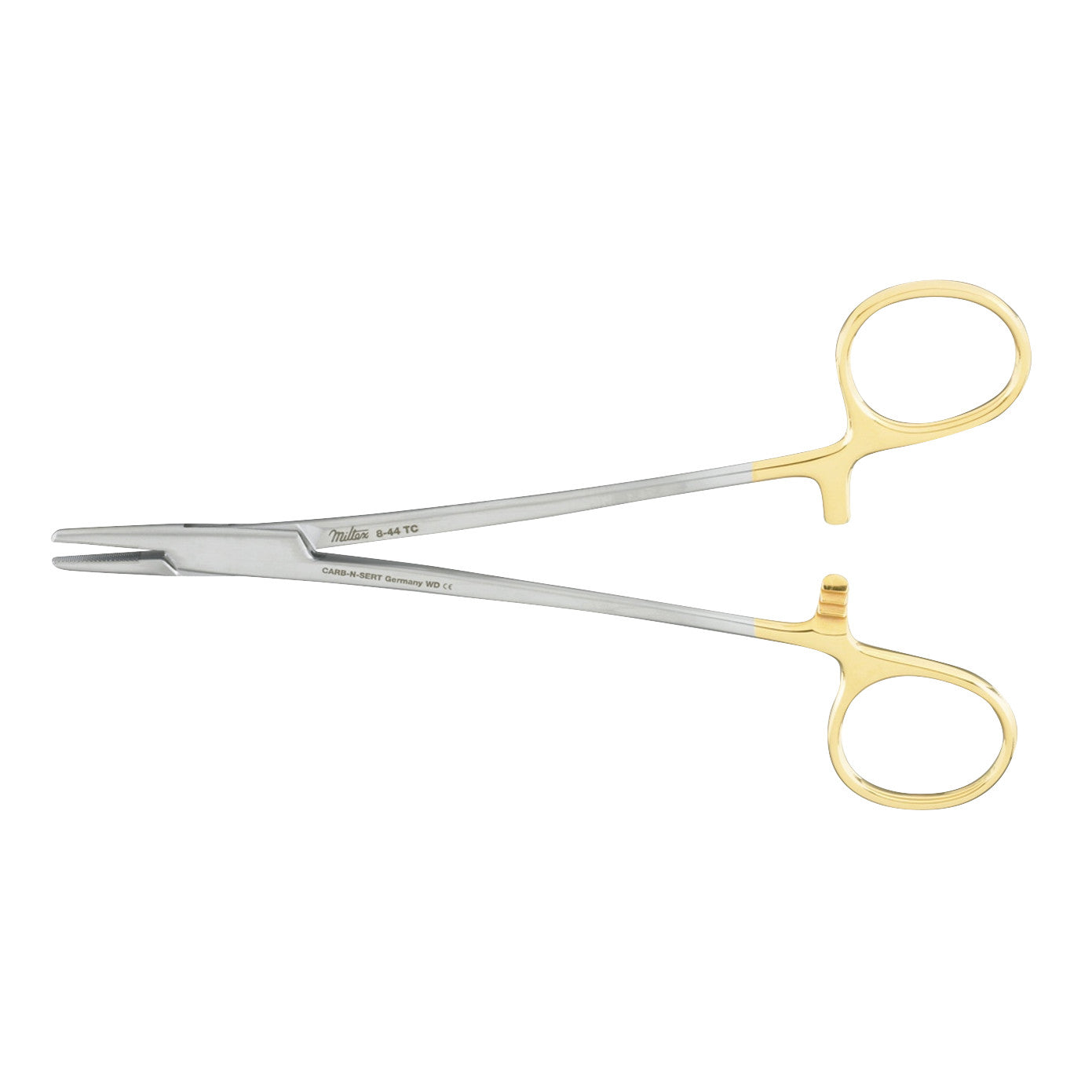 Miltex Tungsten Carbide Mayo Hegar Needle Holder with a gold and silver finish, featuring finger loops and a clamping mechanism.