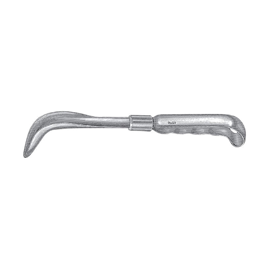 Miltex Sawyer Rectal Speculum is a metal medical instrument with a curved blade and a textured handle for rectal examinations.