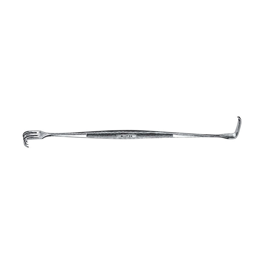 The Senn Retractor is a metal surgical instrument with one end featuring a three-pronged rake and the other a flat, right-angle blade.