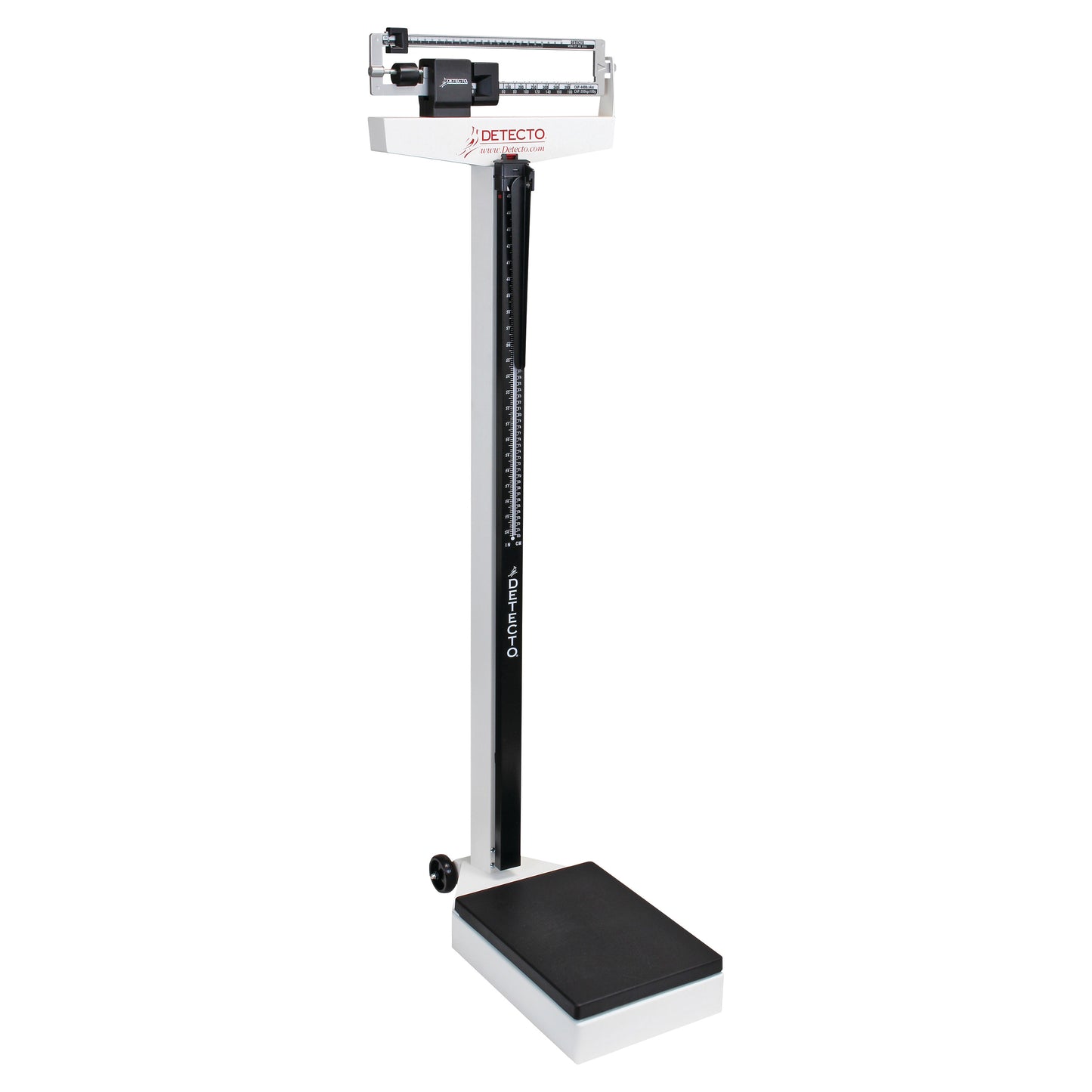 DETECTO Eye-Level Beam Scale with a black platform and measurement beam, featuring a height rod for accurate weight and height readings.