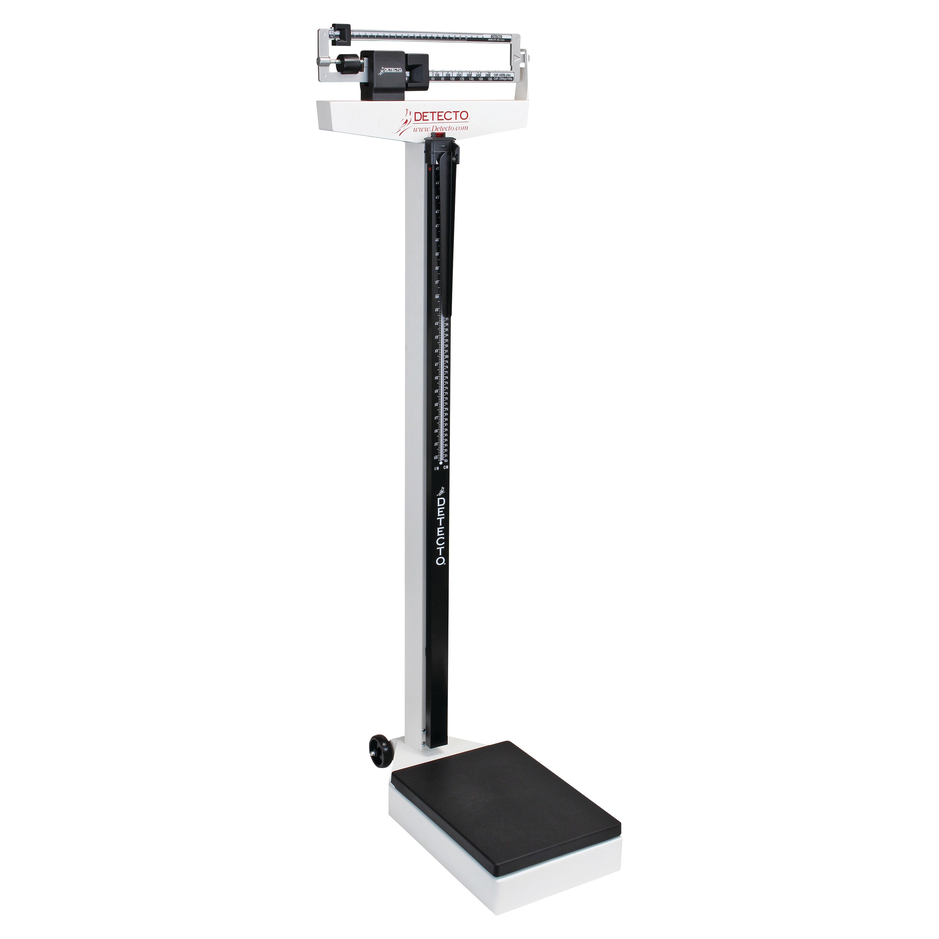 DETECTO Eye-Level Beam Scale with a black platform and measurement beam, featuring a height rod for accurate weight and height readings.