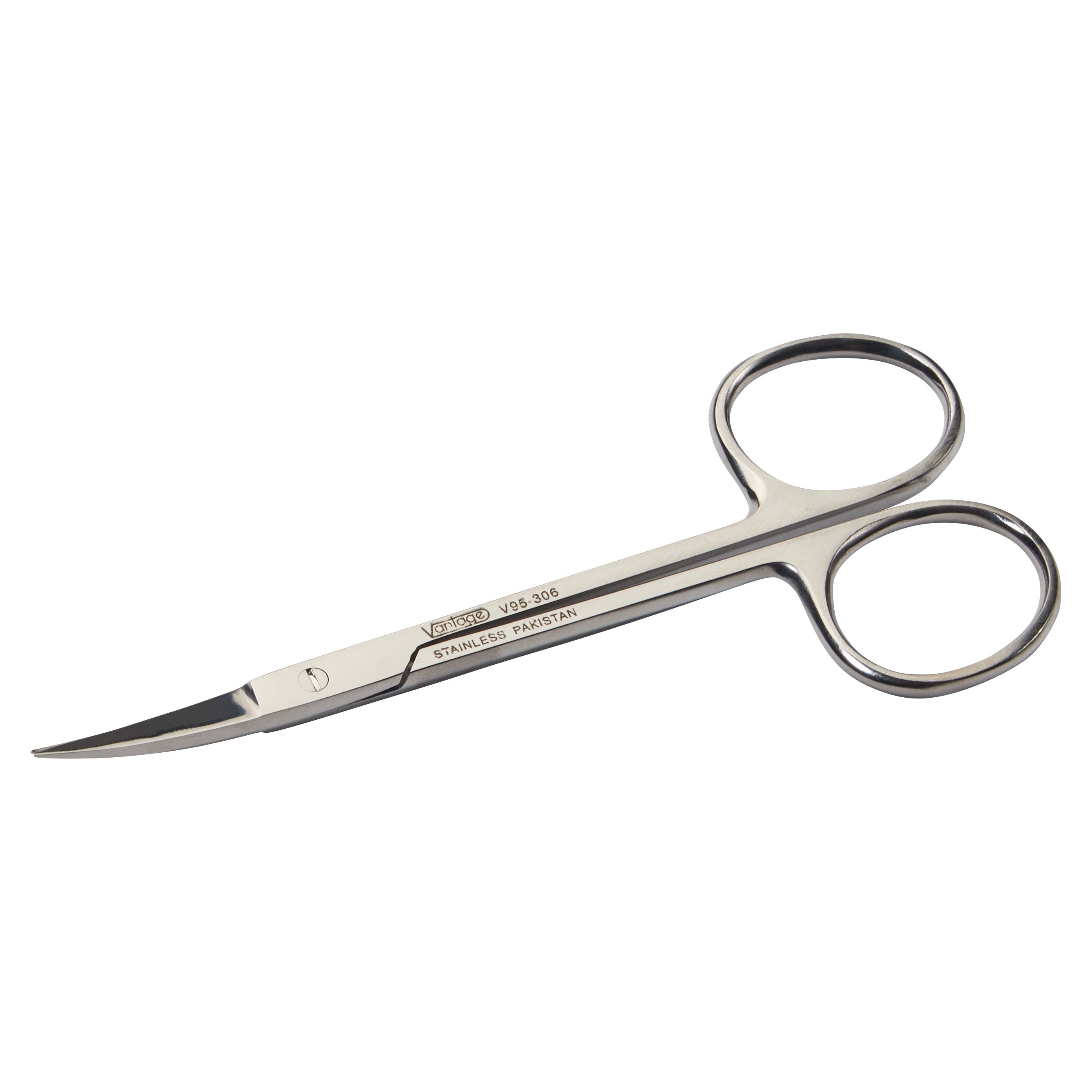 Miltex Vantage Iris Scissors feature a curved blade and stainless steel construction with finger loops for precision cutting.